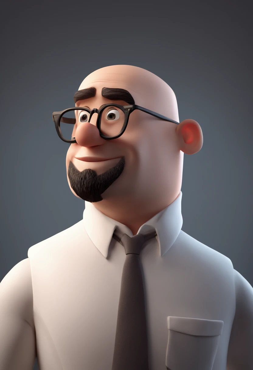 Cartoon character of a bald man with black glasses and a white shirt, animation character, Caractere estilizado, animation style rendering, 3D estilizado, Arnold Maya render, 3 d render stylized, toon render keyshot, Personagem 3D, Personagem 3D, 3d rendering stylized, 3 d character render, personagem de desenho animado, Personagem de close up, Pose de personagem, (Estilo Pixar) (master part:1.2) (Bokeh) (best quality) (pele detalhada) (textura detalhada) (8k) (argila) (Cinematic lighting) (foco nítido