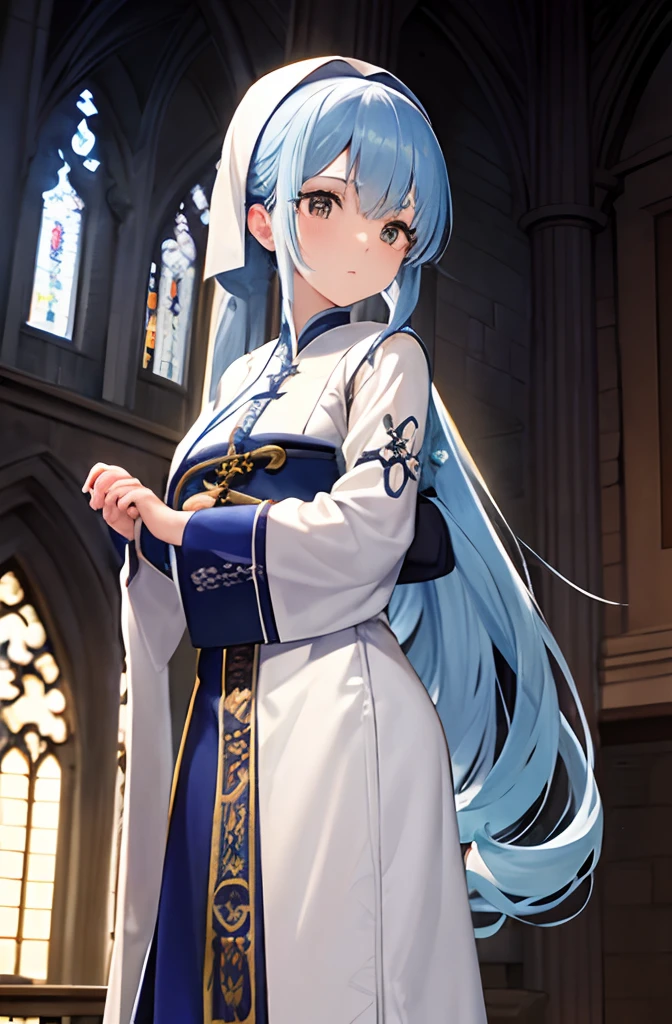 Monk's clothes with plenty of embroidery、blue hairs、poneyTail、length hair、Inside the cathedral