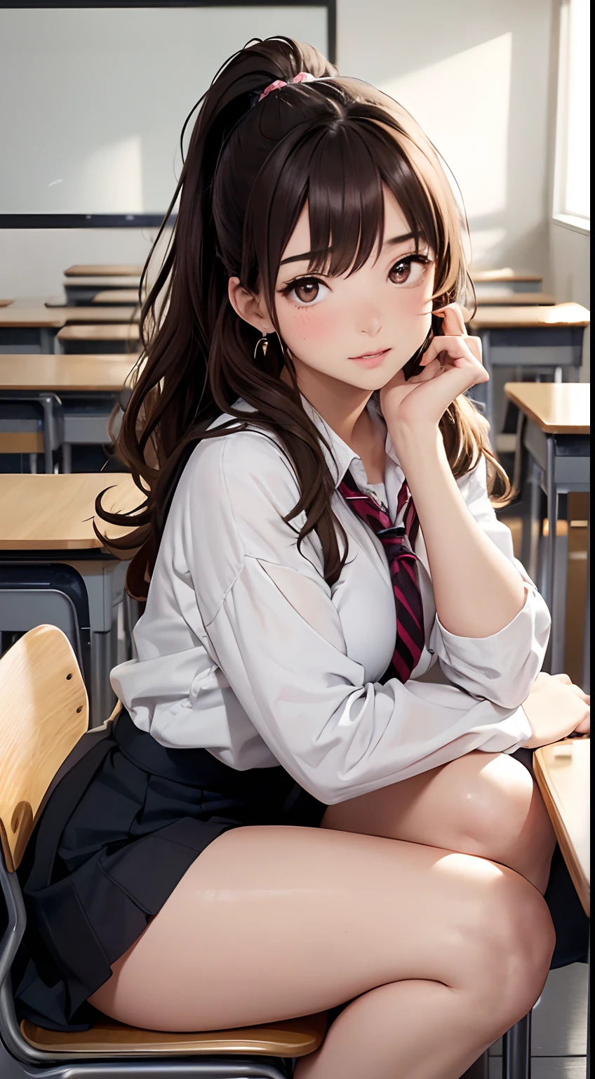 Top quality, 8k. Masterpiece, Ultra High Resolution, (Photorealistic: 1.4),Japanese、high school girl、16age、Side Ponytail、Black Hair、Spiteful smile、Summer school uniform、slender、small breasts、Medium ass、from side、School classroom、Sitting on a chair、Poke the cheek cane、