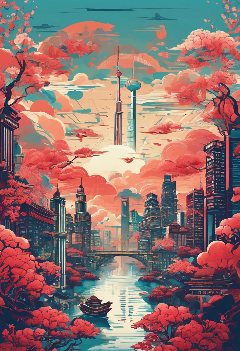 Chinese paintings, Contemporary Chinese Background, (shanghai, China,Man in a cat mask),Urban skyscrapers,Auspicious clouds,View of the Bund,rays of sunshine,Psychedelic color scheme,hyper detailed illustration,Light red and sky blue,Imaginary landscape,psychedelic manga,Ultra HD images with landscapes,Faraway view,1.4x realism,tmasterpiece, super detailing, epic composition, hyper HD, high quarity, ighly detailed, offcial art, 统一 8k 壁纸,super detailing