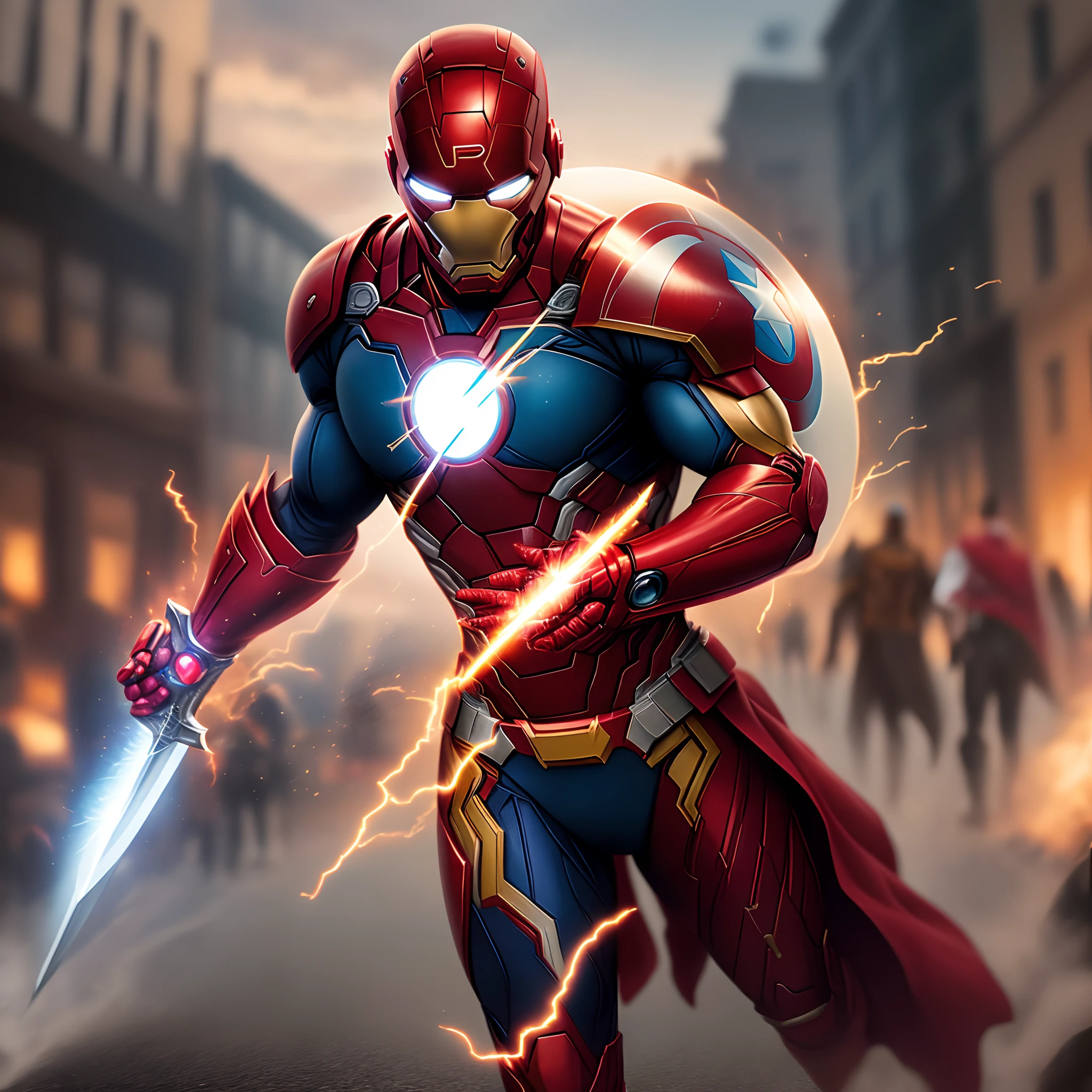 Create a realistic image of a superhero with the following characteristics: helmet of iron man, shirt of superman, belt of batman, shoes of the flash, shield of captain America, sword of odin.