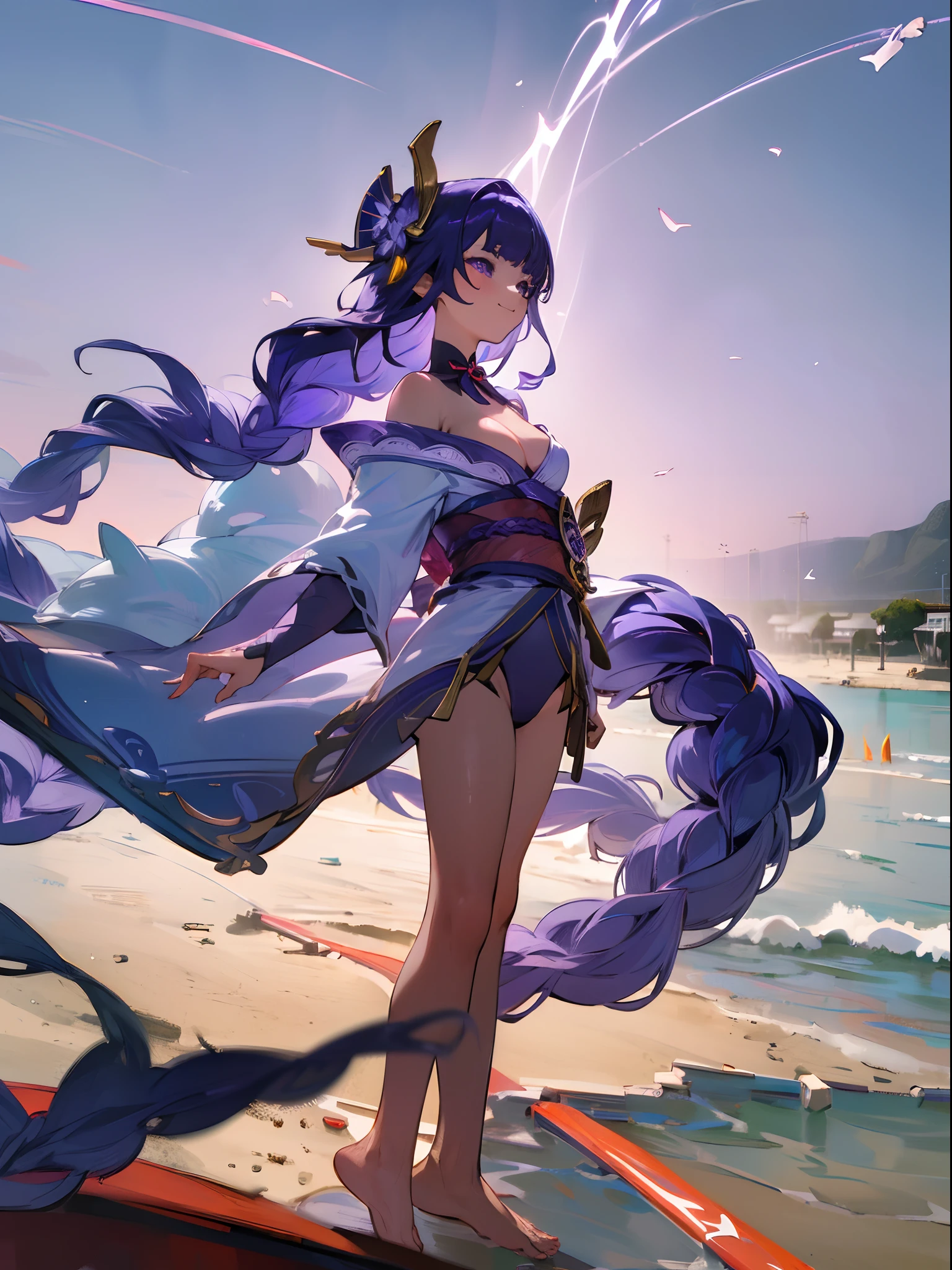 ((masterpiece)),(((bestquality))),((ultra-detailed)),1girl, solo, barefoot, standing, building, smile, floating hair, dutch angle, closed mouth, looking away, outdoors, big tit, hot girl, raiden shogun, purple eyes, purple long hair, ((genshin impact)) , beach background, ((highquality)), bikini