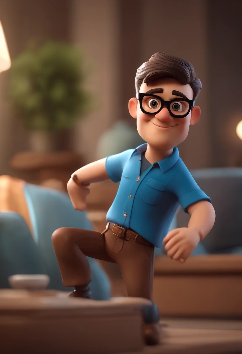Cartoon character of a man wearing black glasses and a blue shirt, um personagem animado, Caractere estilizado, animation style rendering, 3D estilizado, Arnold Maya render, 3 d render stylized, toon render keyshot, Personagem 3D, Personagem 3D, 3d rendering stylized, 3 d character render, personagem de desenho animado, Personagem de close up, Pose de personagem, (Estilo Pixar) (master part:1.2) (Bokeh) (best quality) (pele detalhada) (textura detalhada) (8k) (argila) (Cinematic lighting) (foco nítido，Senta e vaza a parte superior do corpo