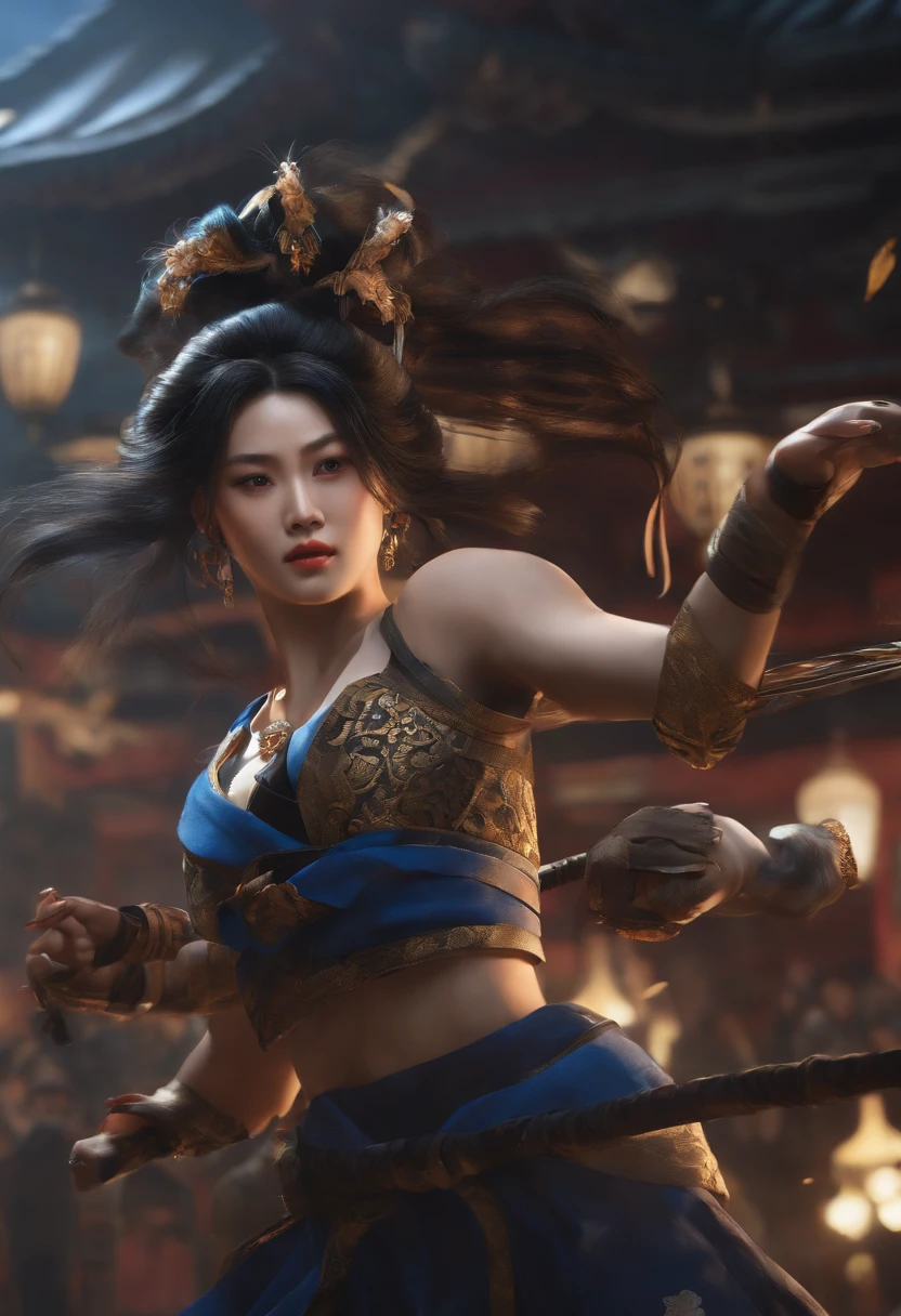 (best quality,4k,highres,masterpiece:1.2),ultra-detailed,realistic,photorealistic:1.37,a girl with black short hair and a male scorpion monster with blue long hair are on the school playground, listening Japanese war songs. Firstly, they become two assassins. Then, they become the audience for the . On the stage, two male war gods fight with swords and spears, while Kabuki also appears on the stage, performing the and a white-clothed dancing girl dances on the stage.
Medium: traditional paintings Additional details:japanese theater,japanese students cheering in the background, intricate kimono patterns, intense facial expressions, dynamic poses Image quality: (best quality, 4k, highres, masterpiece:1.2), ultra-detailed, (realistic, photorealistic, photo-realistic:1.37) Art style: martial arts, cultural fusion Color palette: vibrant colors, contrasting black and blue, hints Lighting: dramatic lighting, highlighting the characters' movements and expressions Note: Remember not to include any explanations and there is no need to explain the meaning of the prompt.
