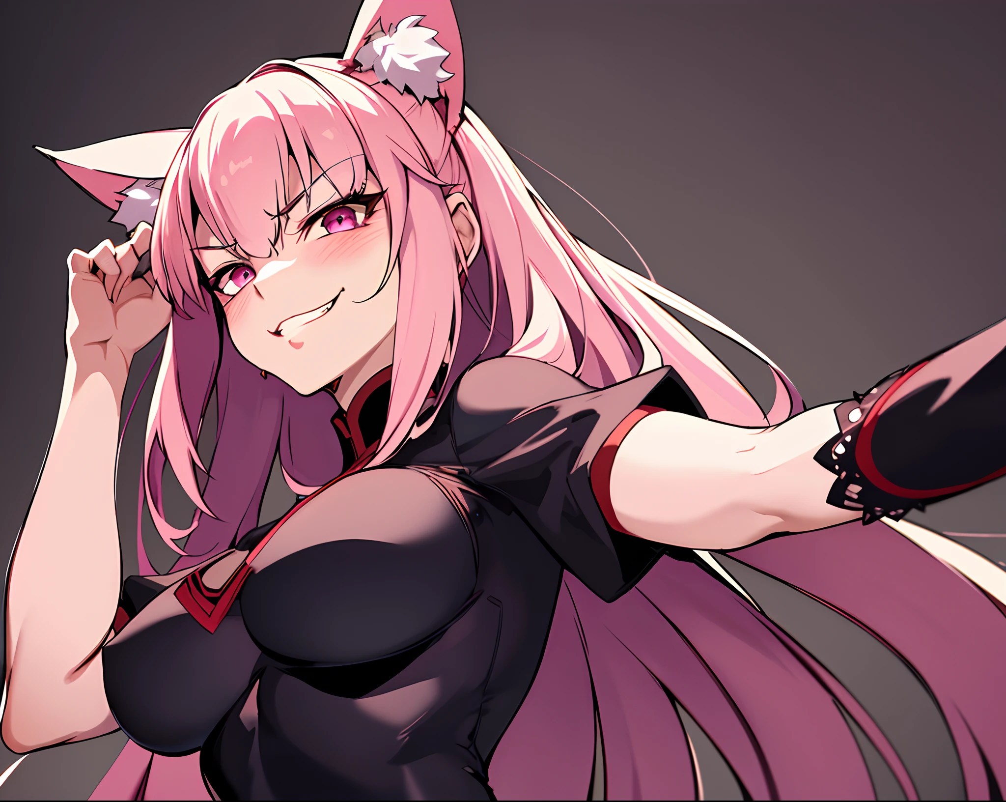 (Masterpiece, Best Quality, extremely detailed CGI, beautiful detail eyes, Ultra-detailed, intricate details:1.2), 8k wallpaper, rose hair,fox pink ears, pink eyes, Photorealistic, (((1girl))), 1girl, a handsome female,delicate facial features,long pink hair,pink cat ears,pink eyes, K HD,higly detailed,hiquality,Good atmosphere,Delicatessen,CG рендеринг,Detailed rendering,(Subtle facial image)(Image of fine hair)(topquality)(Masterpieces of masters)(High degree of completeness)(A sense of atmosphere), Cartoon drawing of a woman with long hair and a black top, badass pose, Dramatic smirk pose, attractive matoi ryuko, evil pose, ryuko matoi, sinister pose, Daring pose, scary angry pose, sultry grin, thights!!!!!!, villain pose, thights!!!, oc commission, Performing a daring pose, passionate pose,
