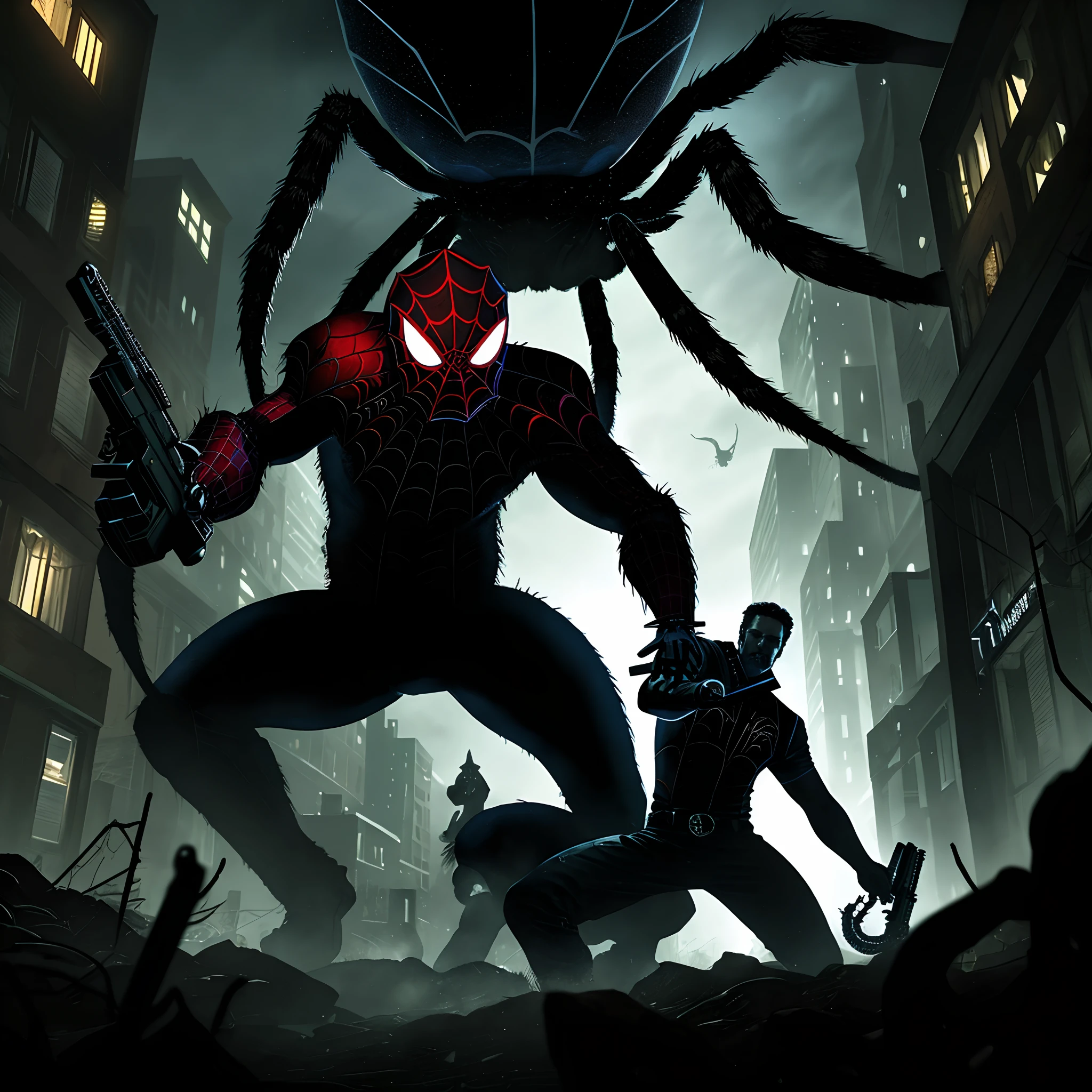 A man with a gun in his hand faces a giant spider alone in the dark