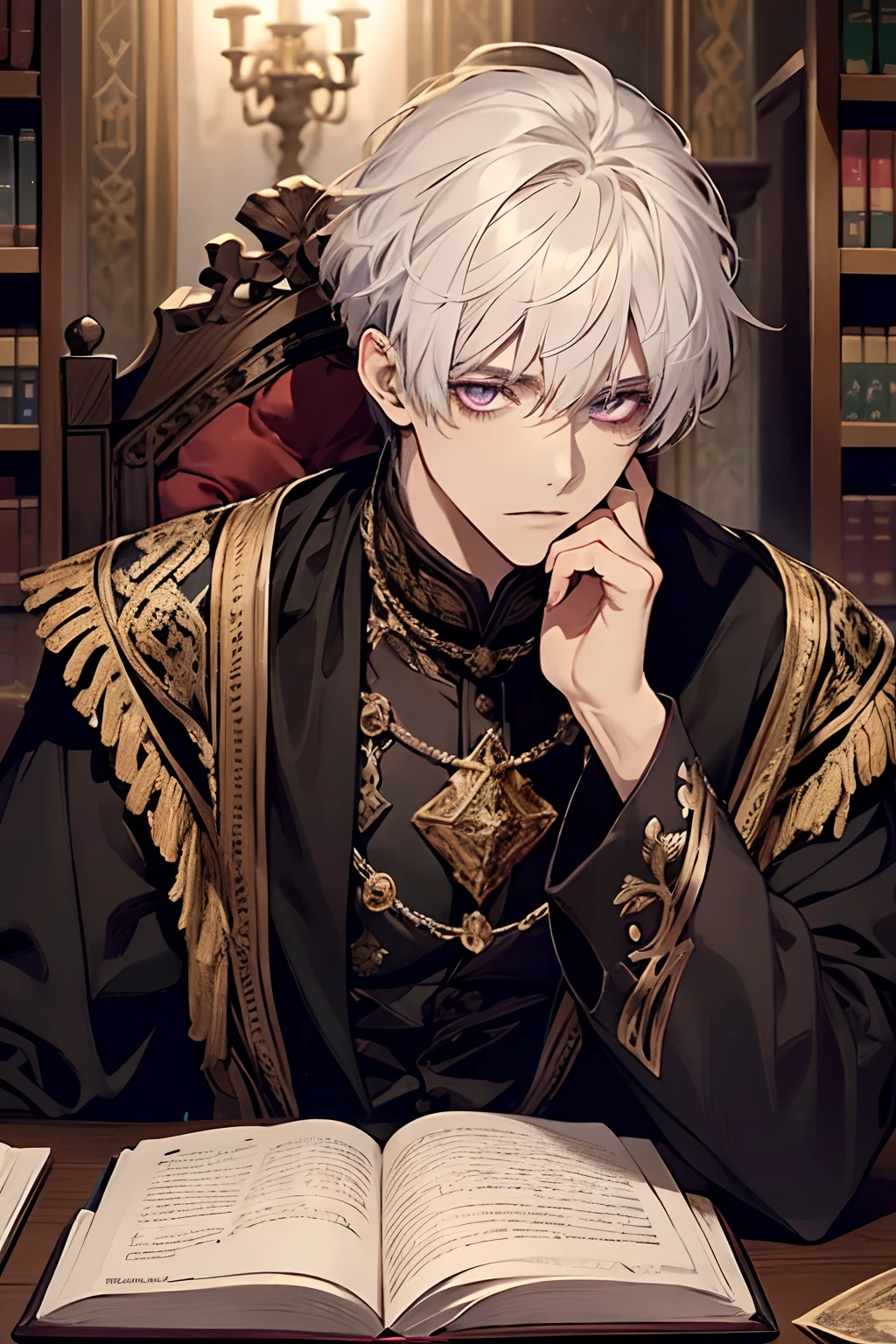 1male, calm, adult, handsome, short messy with bangs, white hair, amethyst colored eyes, royalty, prince, wears black clothing, in a castle, adult face, medieval times, close up, sitting at table with books, calm