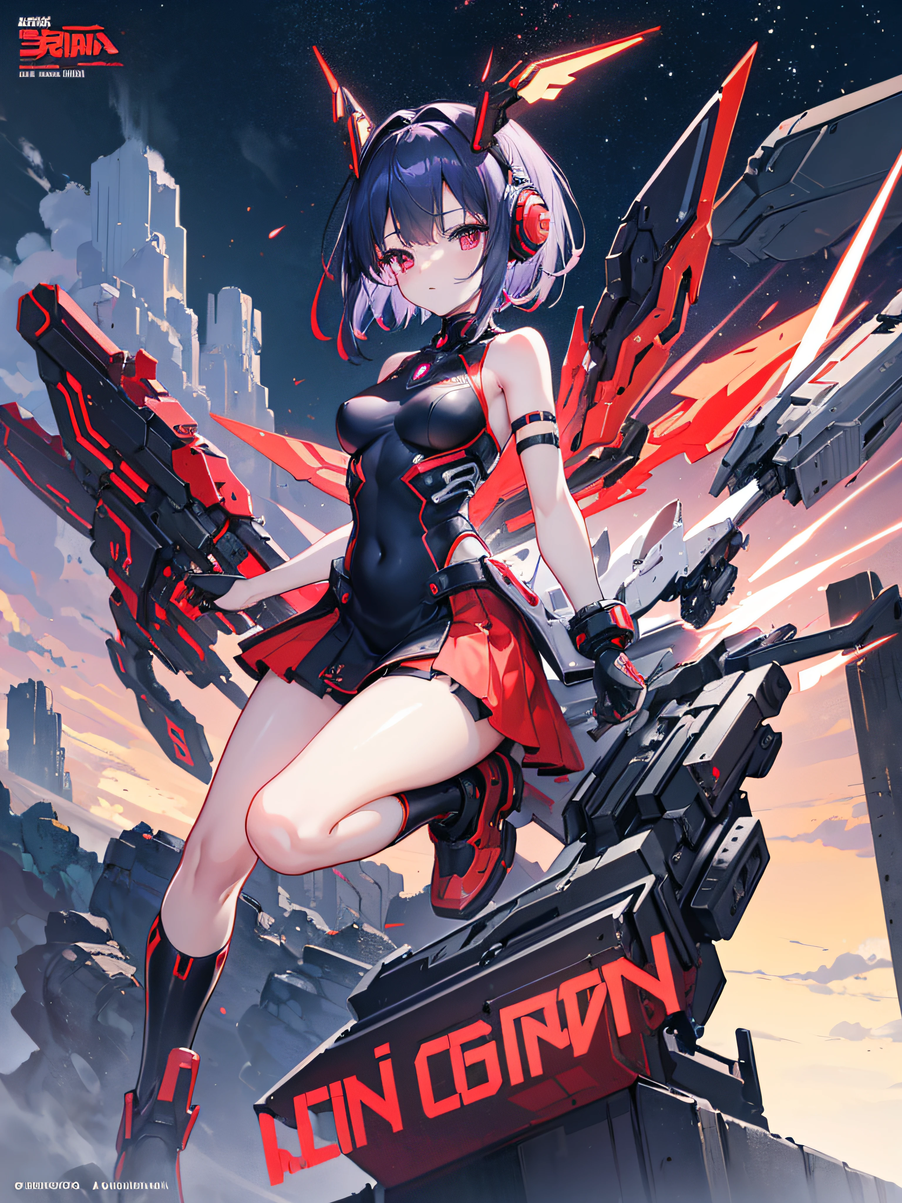 A girl with red and black mecha wings on her back　(Android girl with bright red body)　Black Headgear　Combat stance　Red, Black and purple sci-fi body armor　full body Esbian　Sci-fi Skirt Armor　Crimson eyes　Light purple hair　Exposed shoulders　deadpan　Shoulder to shoulder　White breasts　Exposed thighs　Cyber City　cute  face　{{{​masterpiece}}}, {Highly detailed CG Unity 8K wallpapers},　cute  face, 独奏, Lori face,　short-haired　nighttime scene　high quality digital concept art, epic sci-fi character art, epic sci-fi character art, mechanized valkyrie girl, Air and Mecha theme, Anime Mecha Aesthetics