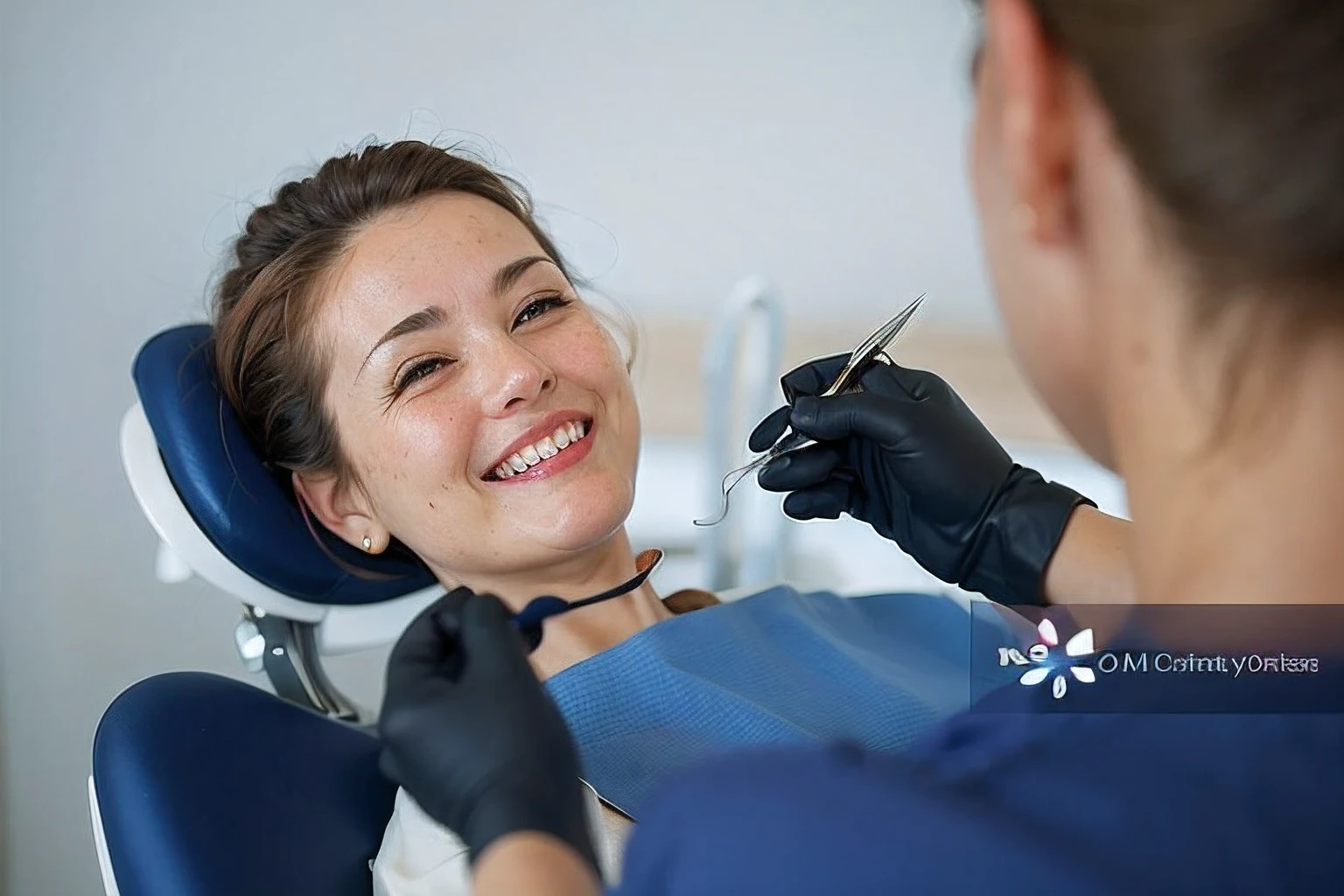 Woman in blue shirt sitting on a chair,With scissors in his mouth, Make the best smug smile, shutter inventory, dentist, welcoming smile, with a beautiful smile, Charming smile, she's smiling, with an elegant smile, and she smiling,Very happy, Medical photography, and she smiling,Very excited, she has perfect white teeths, high quality stock picture, welcoming grin