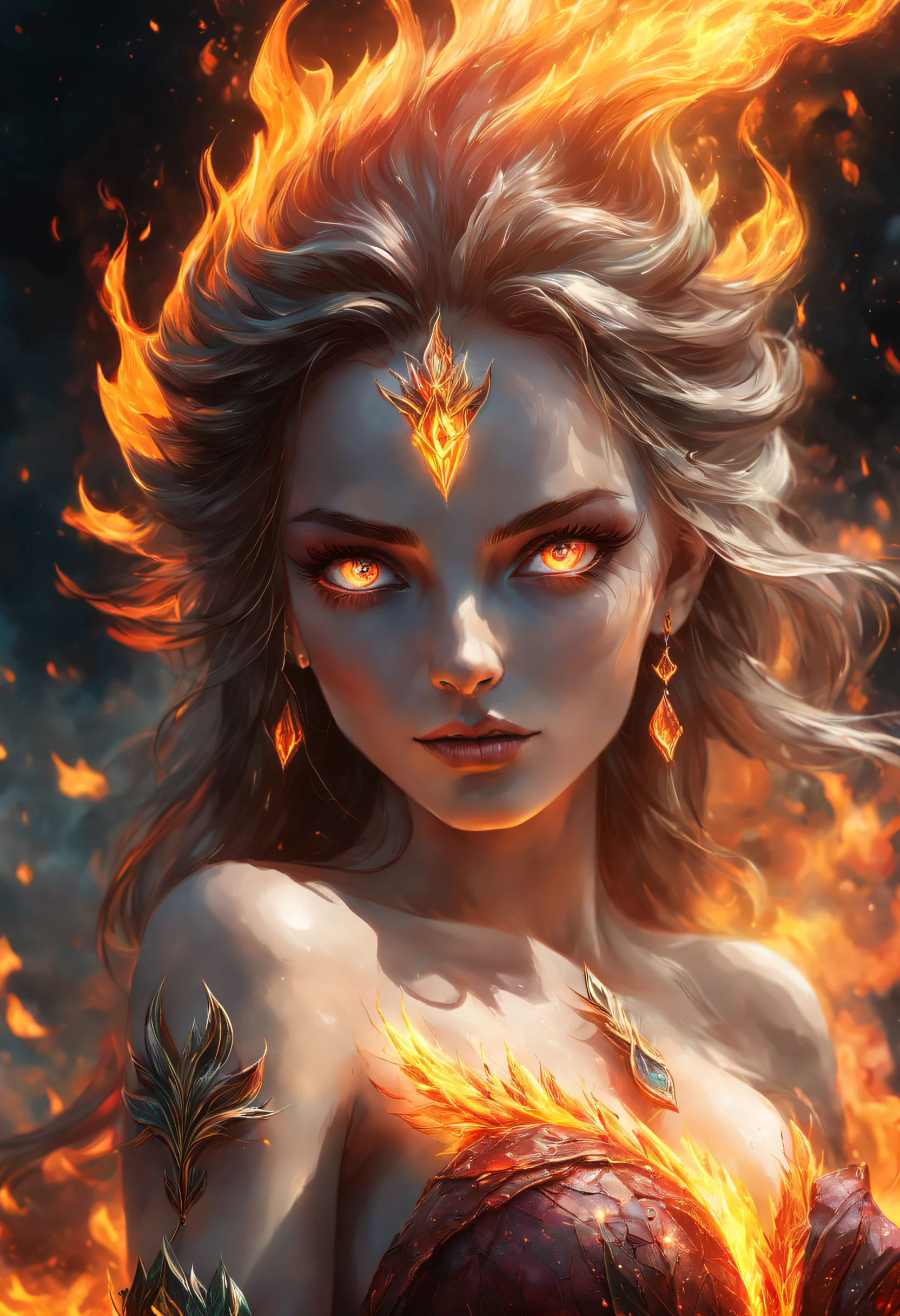 The extreme beautiful goddess of fire, white skin, colorful mystic light, fire glow eyes, UHD, by Aleksi Briclot and Alessio Albi and Emilia Rodriguez and Adela Weiss