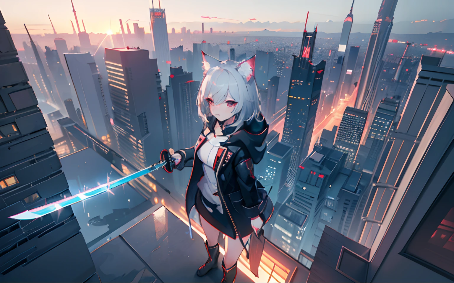 Midnight City (futuristic Tower)(HD, Realistic, 2K, HDR, High Quality, High detail) Cyberpunk, female trailblazer, (Cat ears), Black coat (with long strips), Raining, exterior, Best quality, cute face (with tiny fang) (beautiful View) View the City, (Holding claymore sword Cyberpunk), (Full body), [Detailed eyes] focus, (Beautiful view background) (Detailed background) (Rooftop of Tower) (Cute tooth fang),