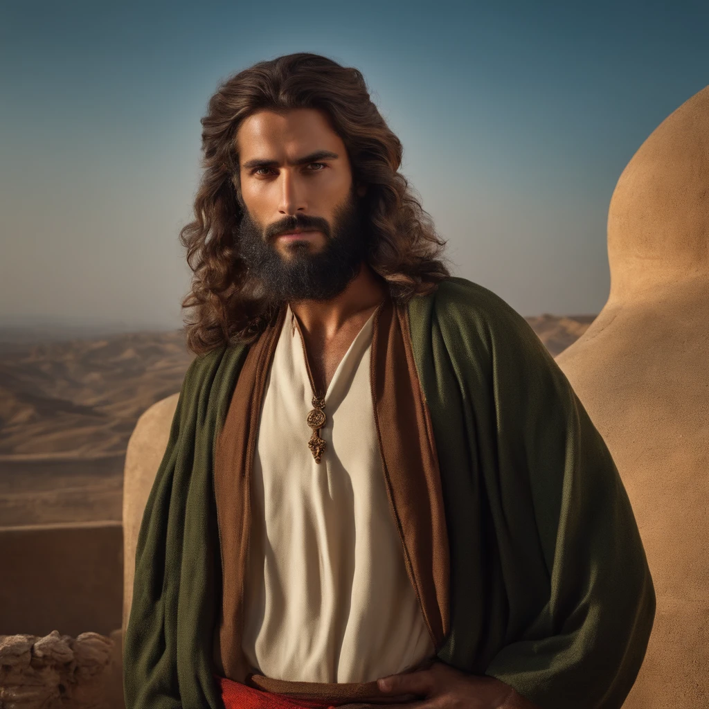 man dressed as an Israeli without a hat, with a short beard and long hair