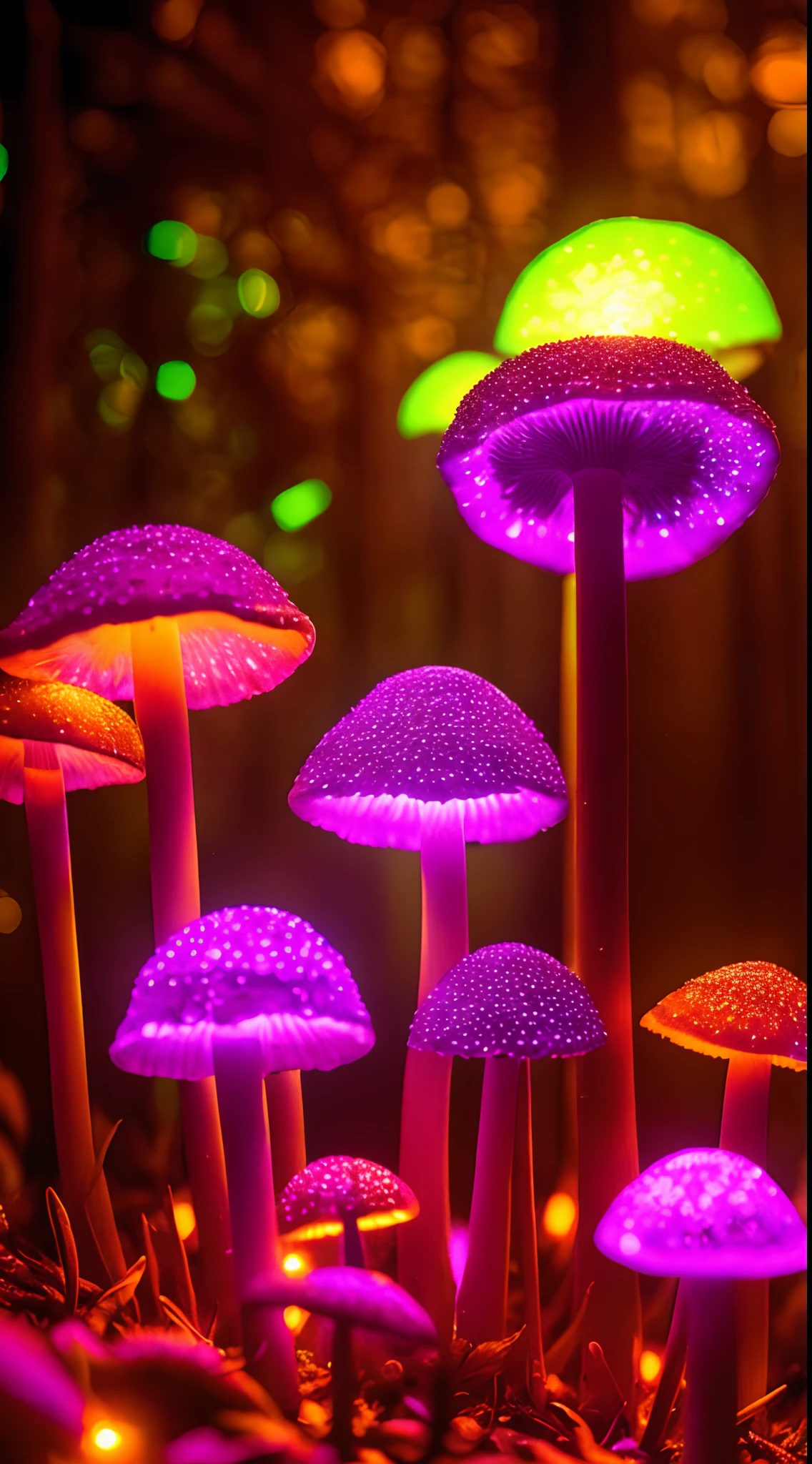 (dark shot:1.1), Glowing backlight glowing forest mushrooms, The drops, Neon lights around mushrooms, Faded, ultra - detailed