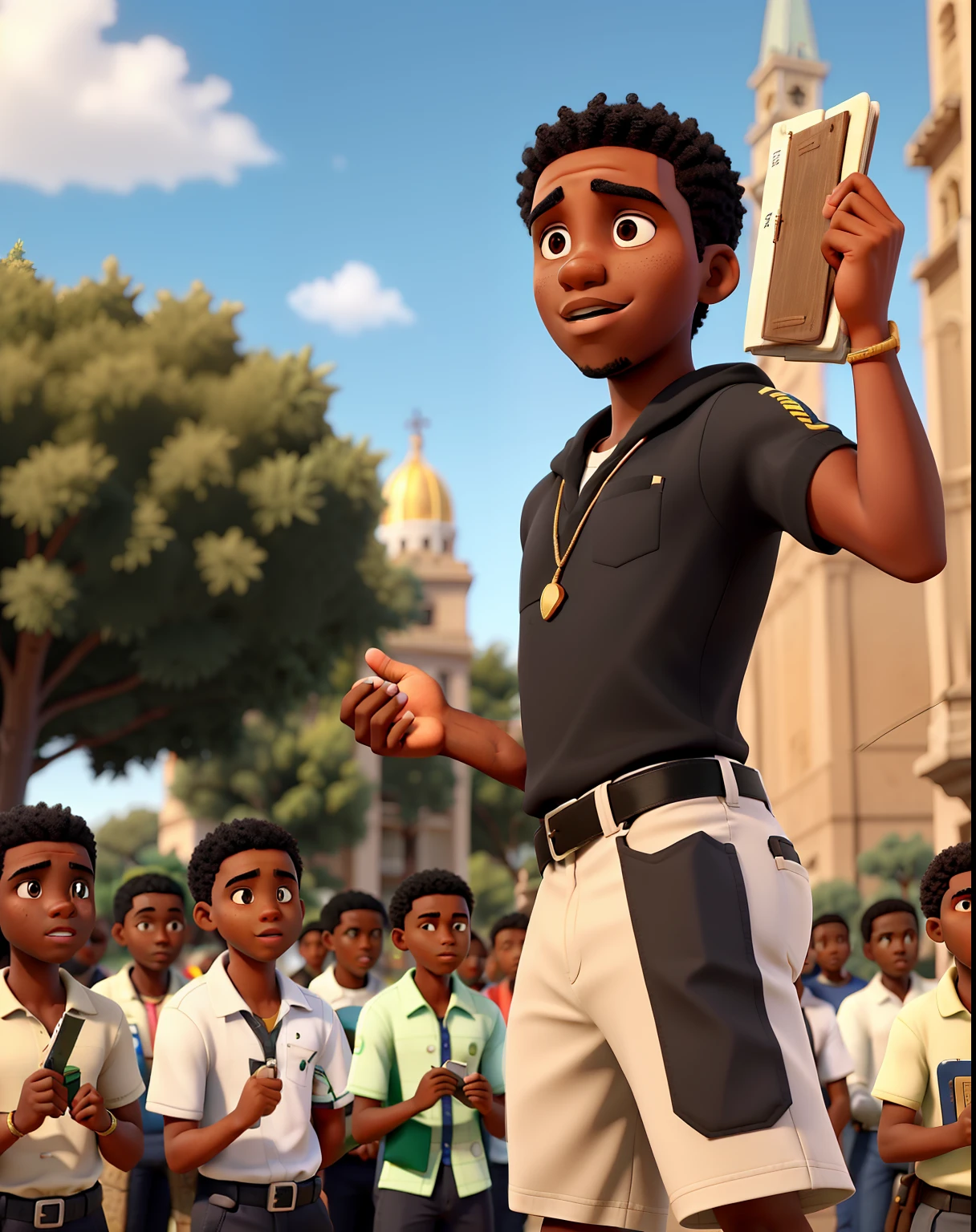 Um jovem negro africano, Holding the Bible in his hand and preaching in a square full of people distracted by their respective activities. The emotion is in the young preacher's eyes