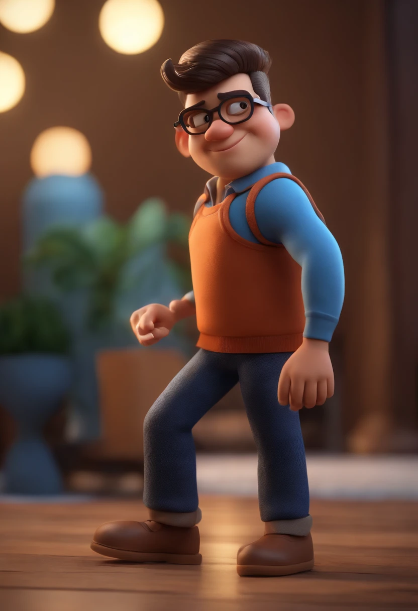 Cartoon character of a man wearing black glasses and a blue shirt, um personagem animado, Caractere estilizado, animation style rendering, 3D estilizado, Arnold Maya render, 3 d render stylized, toon render keyshot, Personagem 3D, Personagem 3D, 3d rendering stylized, 3 d character render, personagem de desenho animado, Personagem de close up, Pose de personagem, (Estilo Pixar) (master part:1.2) (Bokeh) (best quality) (pele detalhada) (textura detalhada) (8k) (argila) (Cinematic lighting) (foco nítido，Senta e vaza a parte superior do corpo