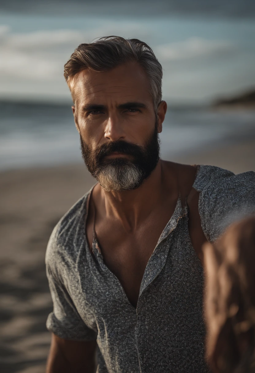 Homem Sentado na praia de camisa cinza e barba curta olhando o horizonte