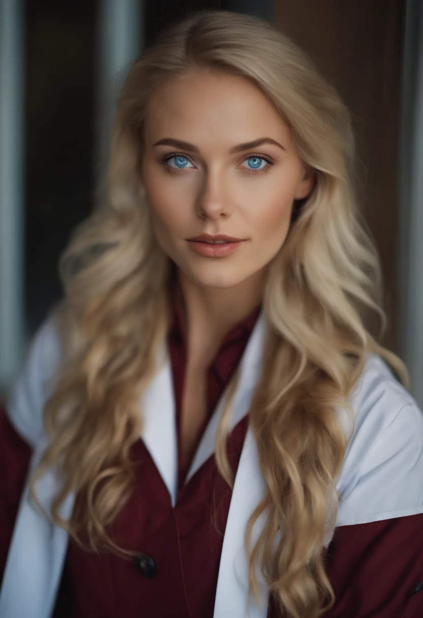 20-year-old blonde American woman with blue eyes, who is disguised as a doctor, und nach vorne in die kamera schaut wie eine reporterin