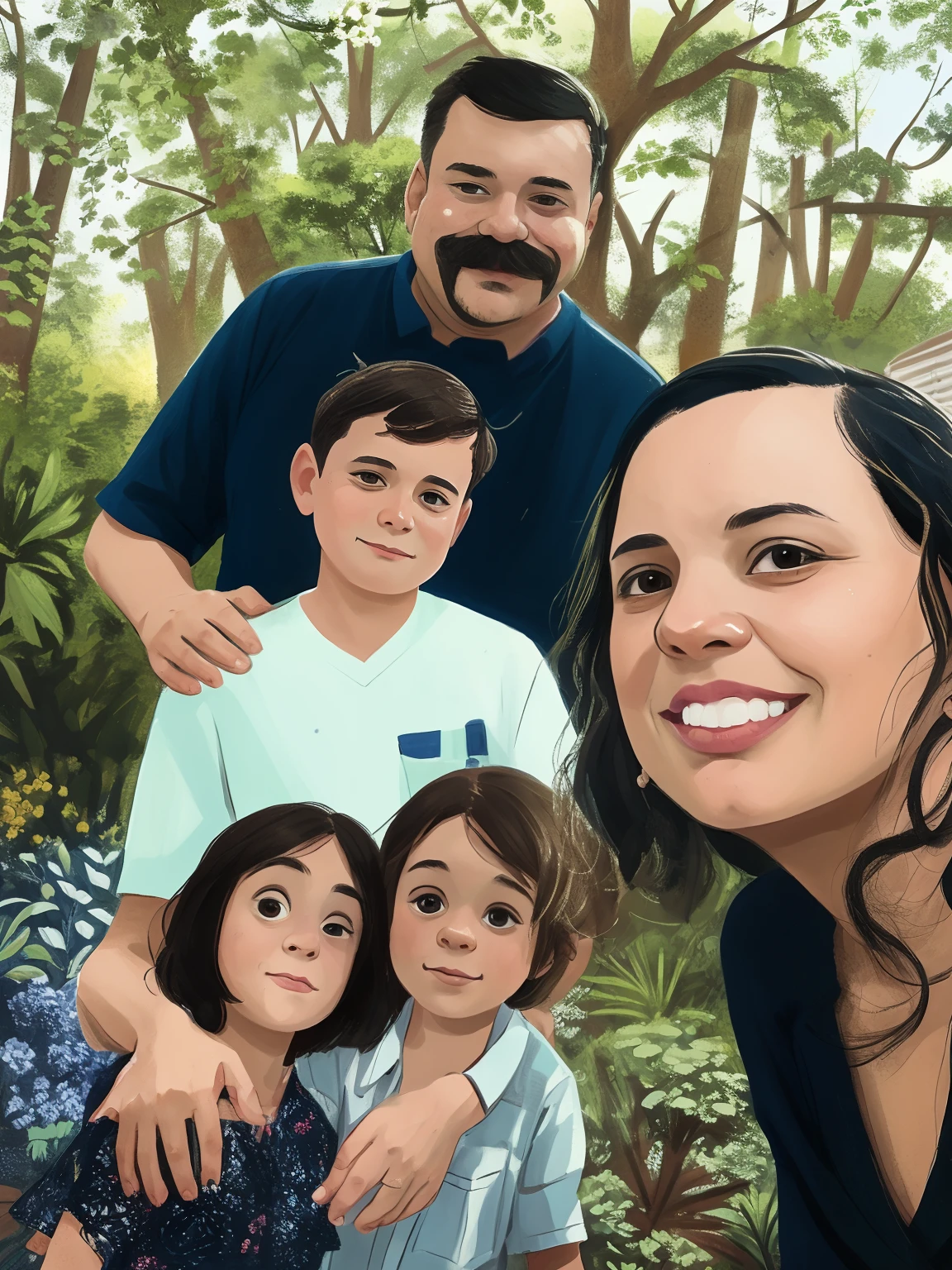 there are three people and a child standing next to a tree, cartoon digital painting, photorealistic!!!!!!! art style, enviromental portrait, digital art!!, family portrait, vertical portrait, high quality portrait, realistic portrait photo, digtial painting, cartoon digital art, color portrait, digitally painted, family photo, realistic picture, detailed portrait, portrait n - 9