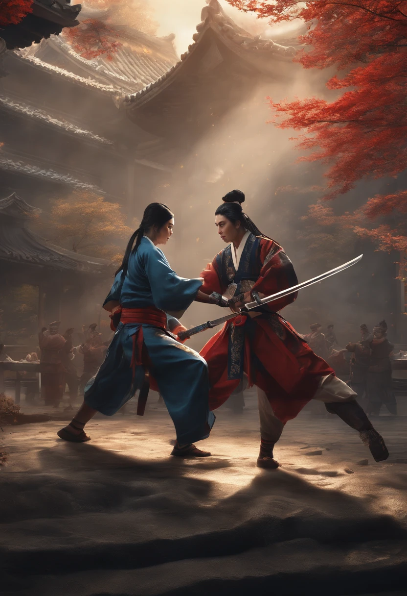 (Best quality,4K,A high resolution,Masterpiece:1.2),Ultra-detailed,Realistic,Photorealistic:1.37,A girl with short black hair and a male scorpion monster with long blue hair on the school playground, Listen to Japanese war songs. Above all, They became two assassins. then, They become . be on stage, Two male gods of war fight with swords and spears, And Kabuki also appeared on stage, Performances and white dancers dancing on stage.
 mediating: Traditional painting Other details:Japanese Theater,Japanese students cheer backstage, Complex kimono patterns, strong facial expression, Dynamic Pose Image quality: (Best quality, 4K, A high resolution, Masterpiece:1.2), Ultra-detailed, (Realistic, Photorealistic, photo-realistic:1.37) Art style: Martial arts, Cultural Fusion Palette: Vibrant colors, Contrasting blacks and blues, Tip lighting: Dramatic lighting, Highlight the person's movements and expressions in the notes: Remember not to include any explanations，There is also no need to explain the meaning of the prompt.