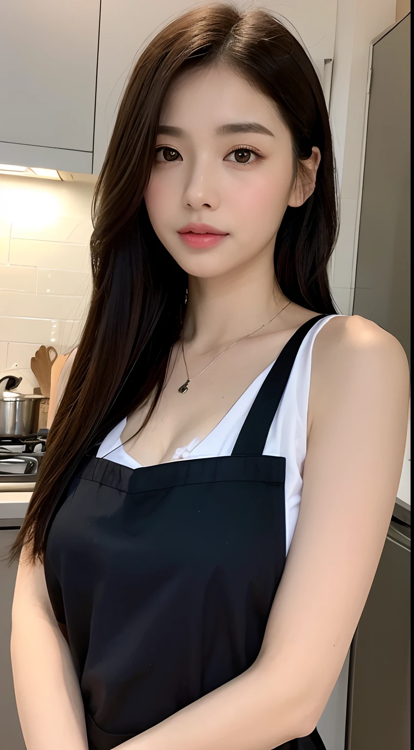 one pretty woman,perfect body figure,Side Body,The upper part of the body,cabelos preto e longos,Wear a pendant,at the kitchen,wearing apron,highly detailed face and skin,Delicate skin,Detailed eyes,二重まぶた,best qualtiy,8k,tmasterpiece