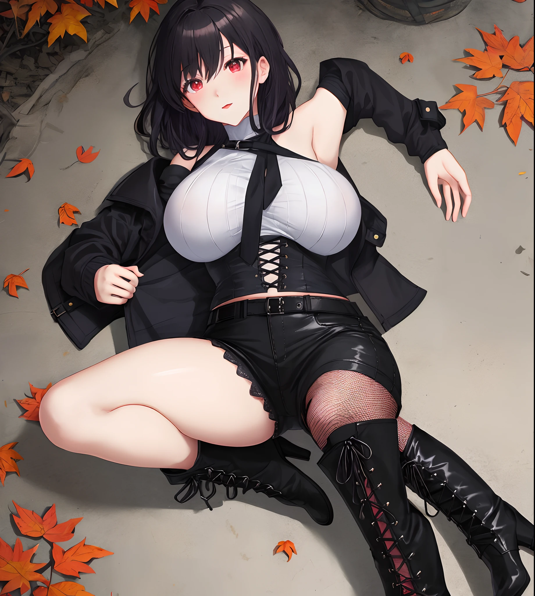 An anime girl with black hair and pale red eyes and extremely big breasts is wearing a black jacket with her shoulders exposed, black high-legged pants, fishnet stockings, and black lace-up knee-high boots with dead leaves on the floor. I'm spreading my feet out and crushing them until they turn into powder with the knee-high lace-up high heel boots I'm wearing on my feet.