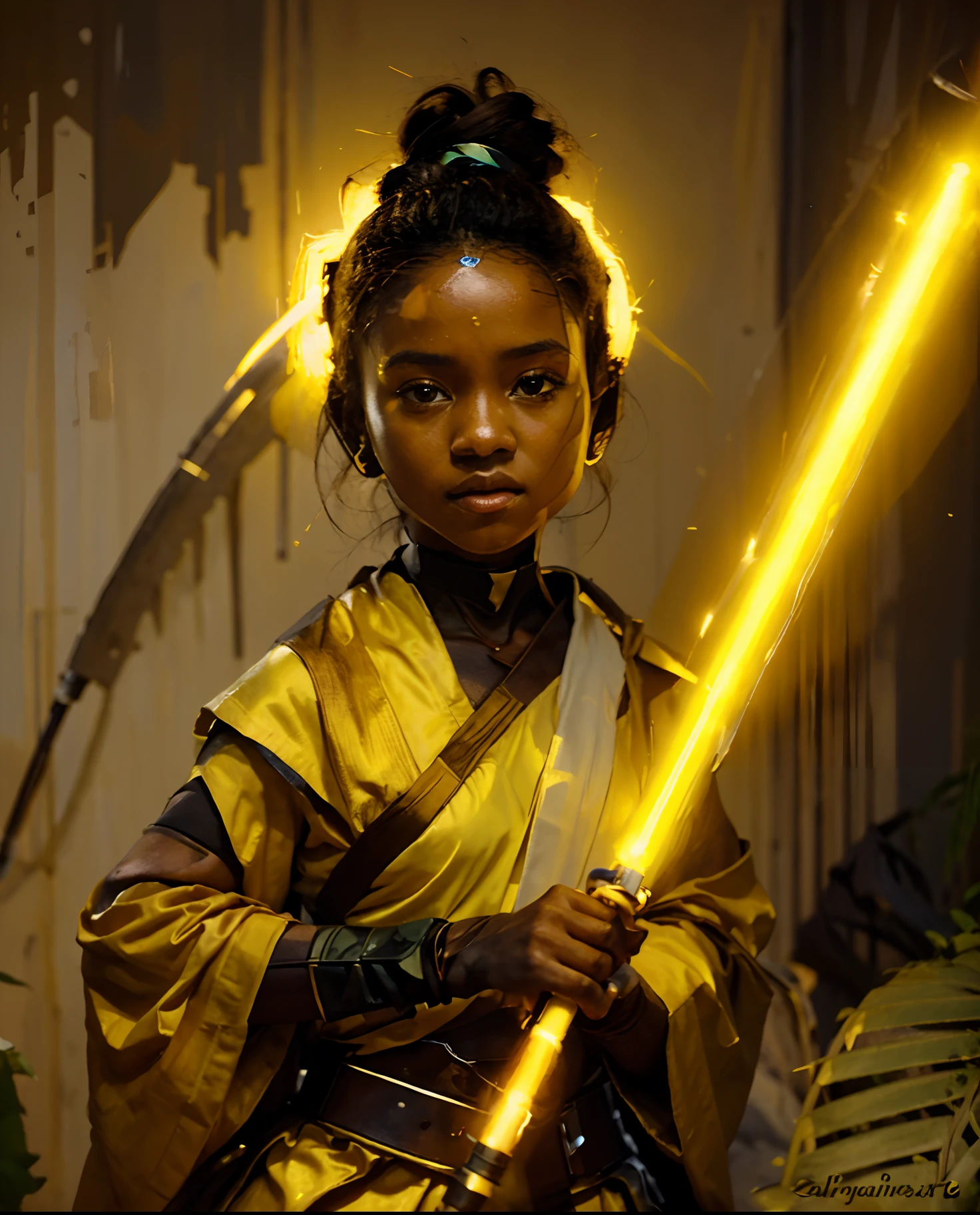 Pixar 3d Create an illustration of a young African child warrior with a powerful, confident stance. The child should have dark skin, wearing traditional African-inspired attire, including a red headscarf and a matching red tunic with golden accents. The warrior is holding a magical staff that emits bright blue lightning. The background should be simple, focusing attention on the child and the glowing blue energy surrounding the staff