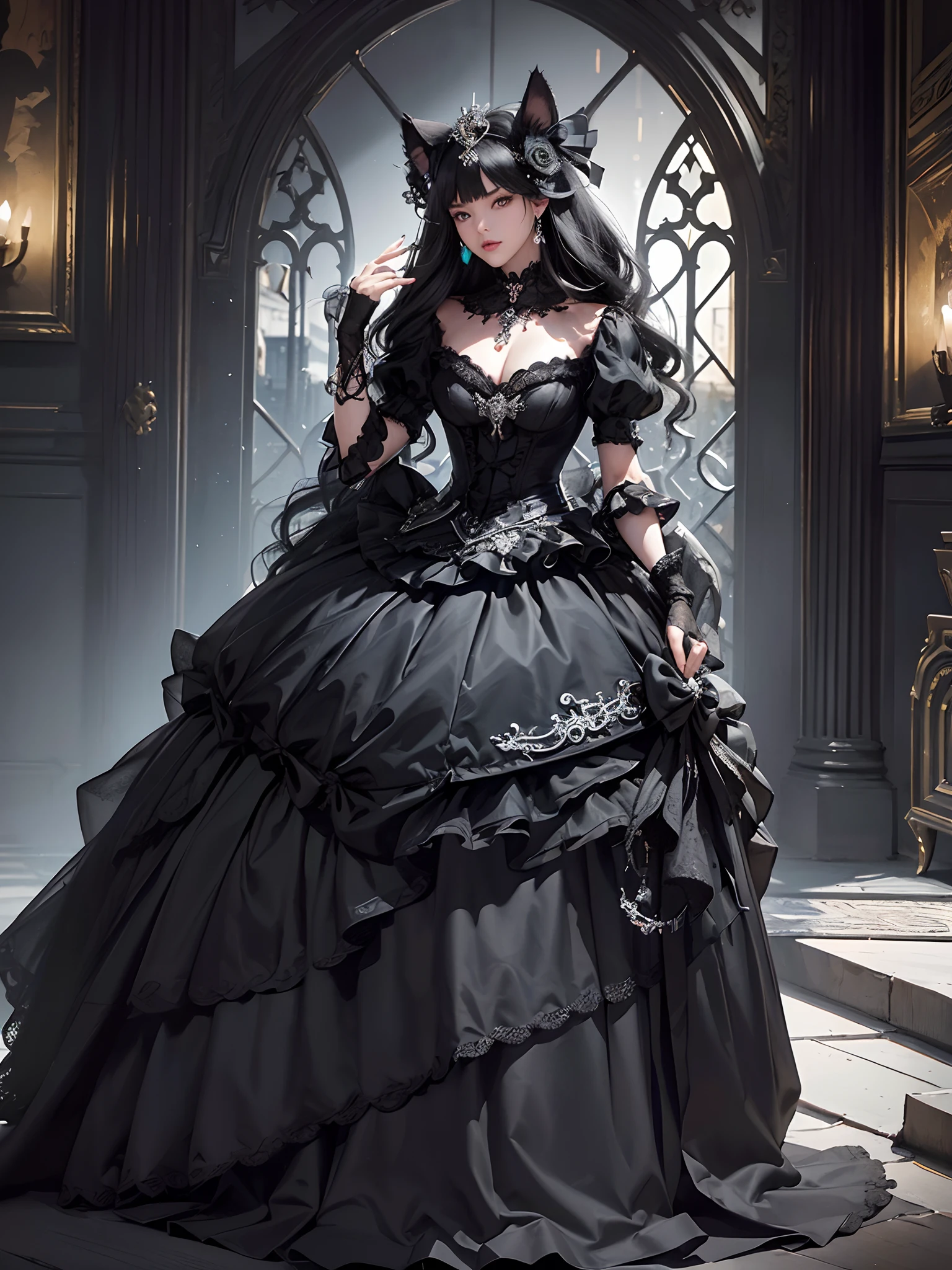 Black cat motif、Black and silver tones、Vibrant colors、((​masterpiece)))、(((top-quality)))、((ultra-detailliert))、(A hyper-realistic)、(highly detailed CGillustration）、Official art、Vienna in the second half of the 19th century、Decadent、Madame Cat Noir、Masquerade、Elegance、Masks that cover most of the face、Colorful and detailed mask design、matchless beauty、Fans、Female Solo、gorgeous dress、jewely、Perfect Angle、→ direction、perfect-composition、full body Esbian