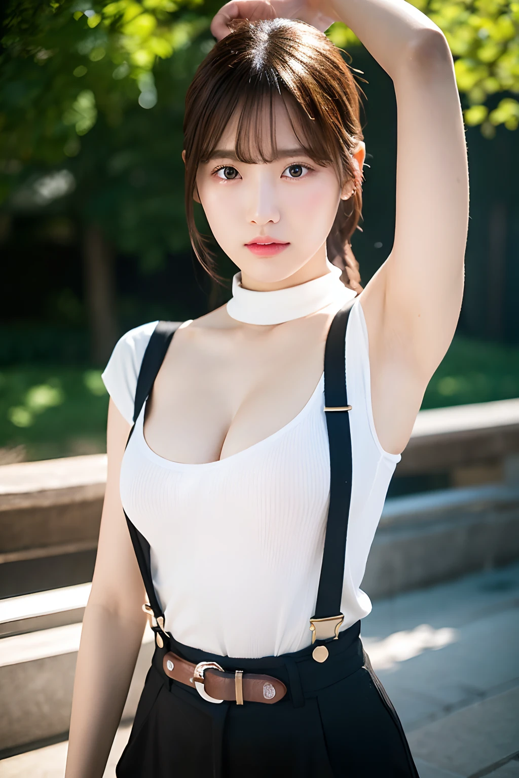 ​masterpiece、flat-colors、depth of fields、lens flare 1 girl、、Brown hair、watching at viewers　　　　a belt　black suspenders　　　big breasts　　　 　 Armpit sweat　perspiring　Side of both hands　　walls: 　 　Gaze　　　Small face　Bangs Upper Eyes　flank 　a miniskirt　Garter on the thigh