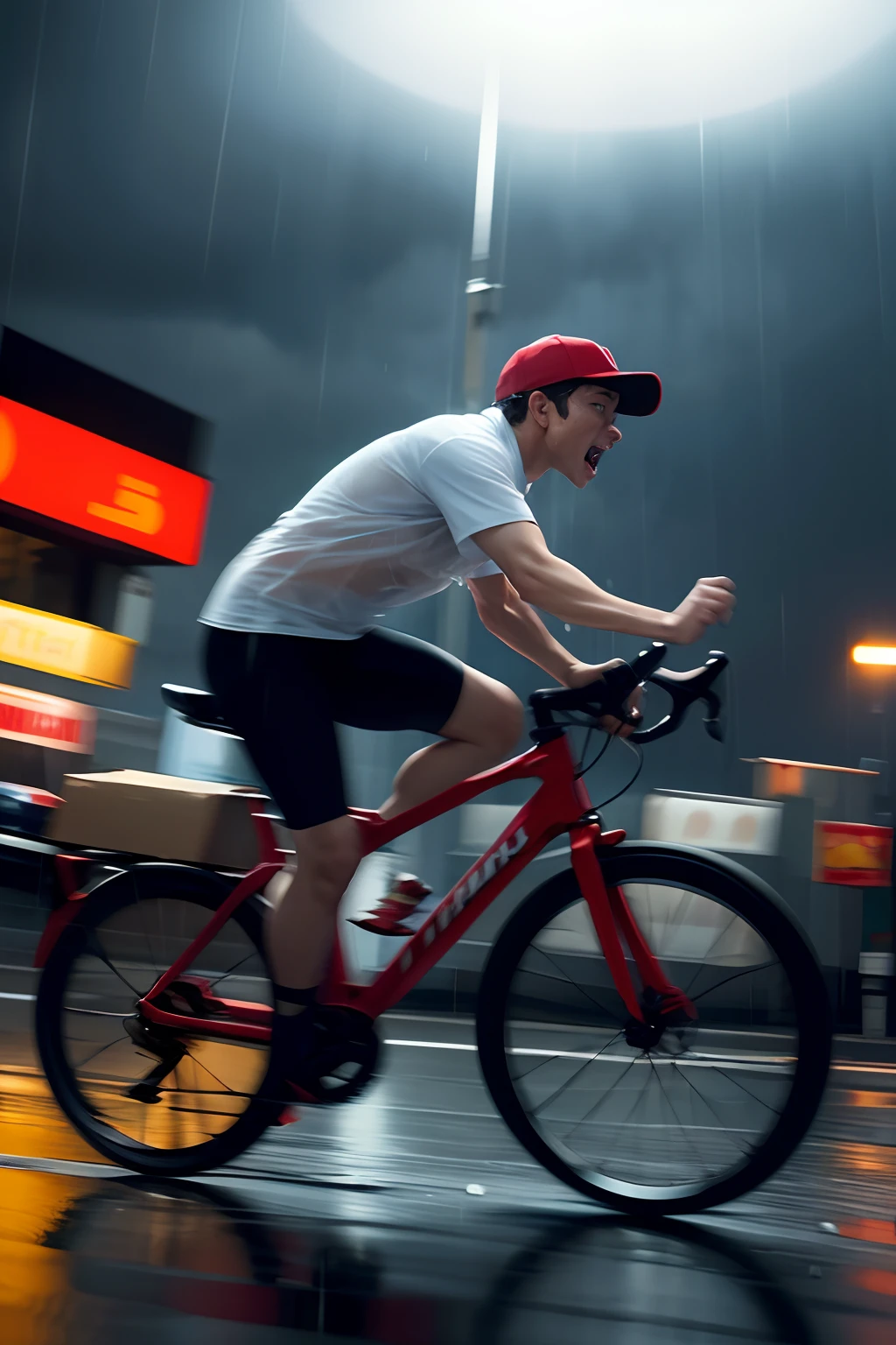 focus on pizza deliver man, running by bike, screaming, heavy rain, stormy, typhoon, midnight, from front, motion blur, waterdrop on lens, water splash, top quality