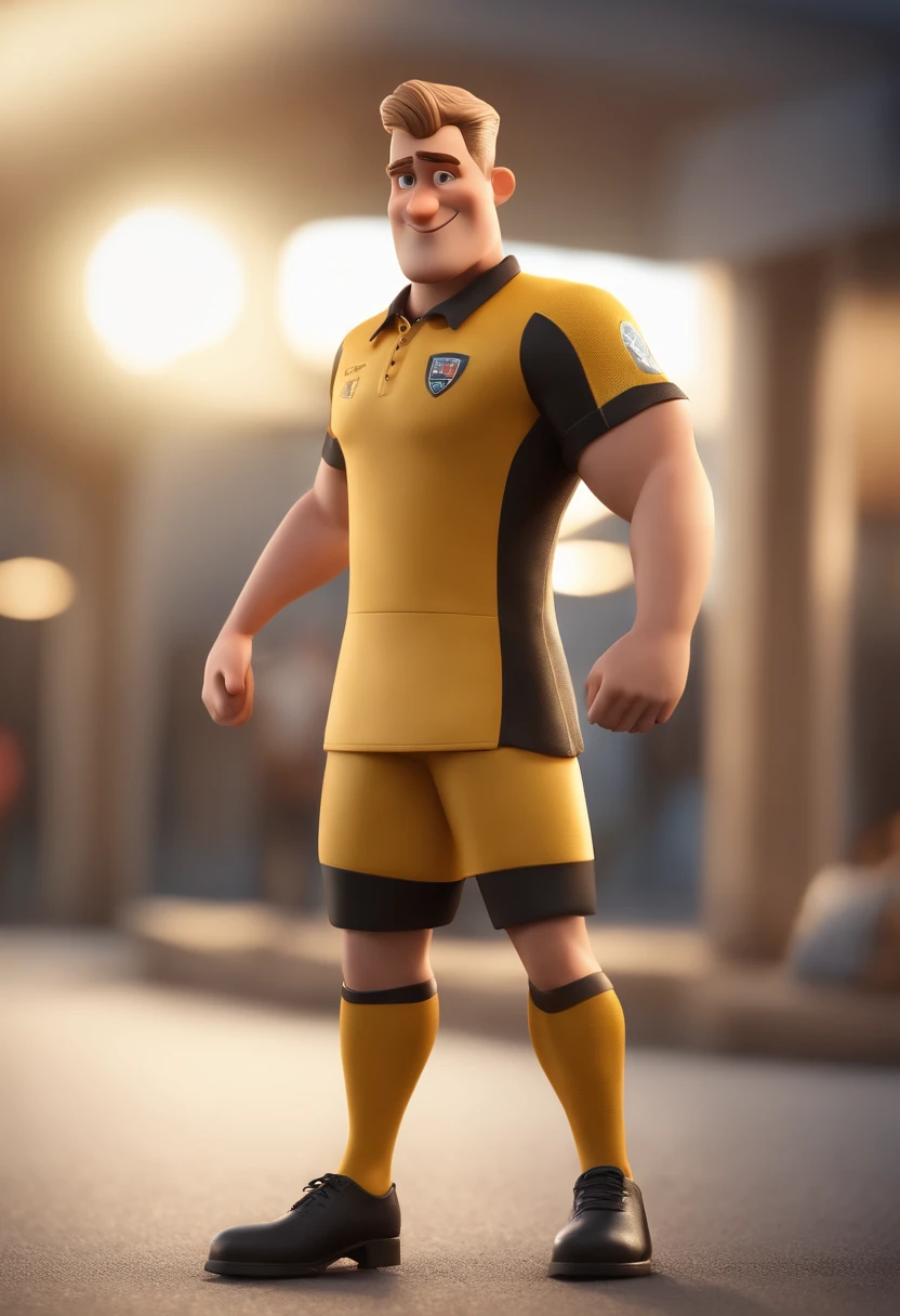 Cartoon character of a man in referee's uniformBrazilian football brown blond hair without beard with weight of 90 kg , animation character, Caractere estilizado, animation style rendering, 3D estilizado, Arnold Maya render, 3 d render stylized, toon render keyshot, Personagem 3D, Personagem 3D, 3d rendering stylized, 3 d character render, personagem de desenho animado, Personagem de close up, Pose de personagem, (Estilo Pixar) (master part:1.2) (Bokeh) (best quality) (pele detalhada) (textura detalhada) (8k) (argila) (Cinematic lighting) (foco nítido