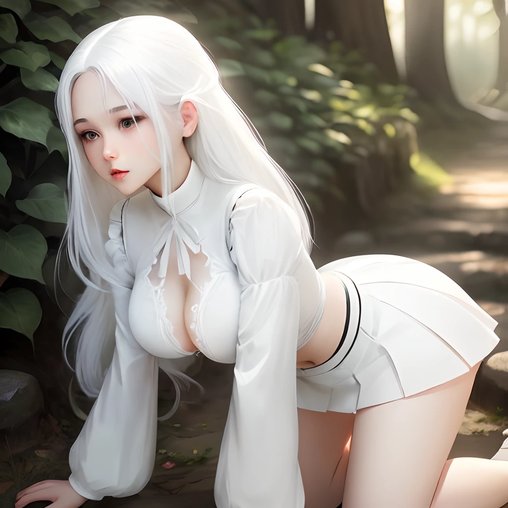 crawl a beauty girl White hair moderately sized breasts length hair white clothes Short skirt
