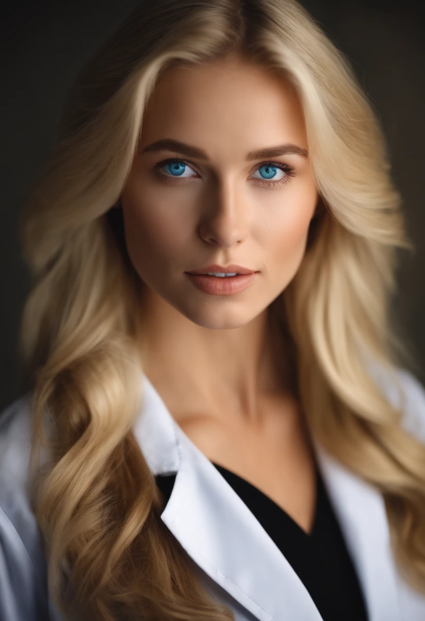 20-year-old blonde American woman with blue eyes, who is disguised as a doctor, und nach vorne in die kamera schaut wie eine reporterin