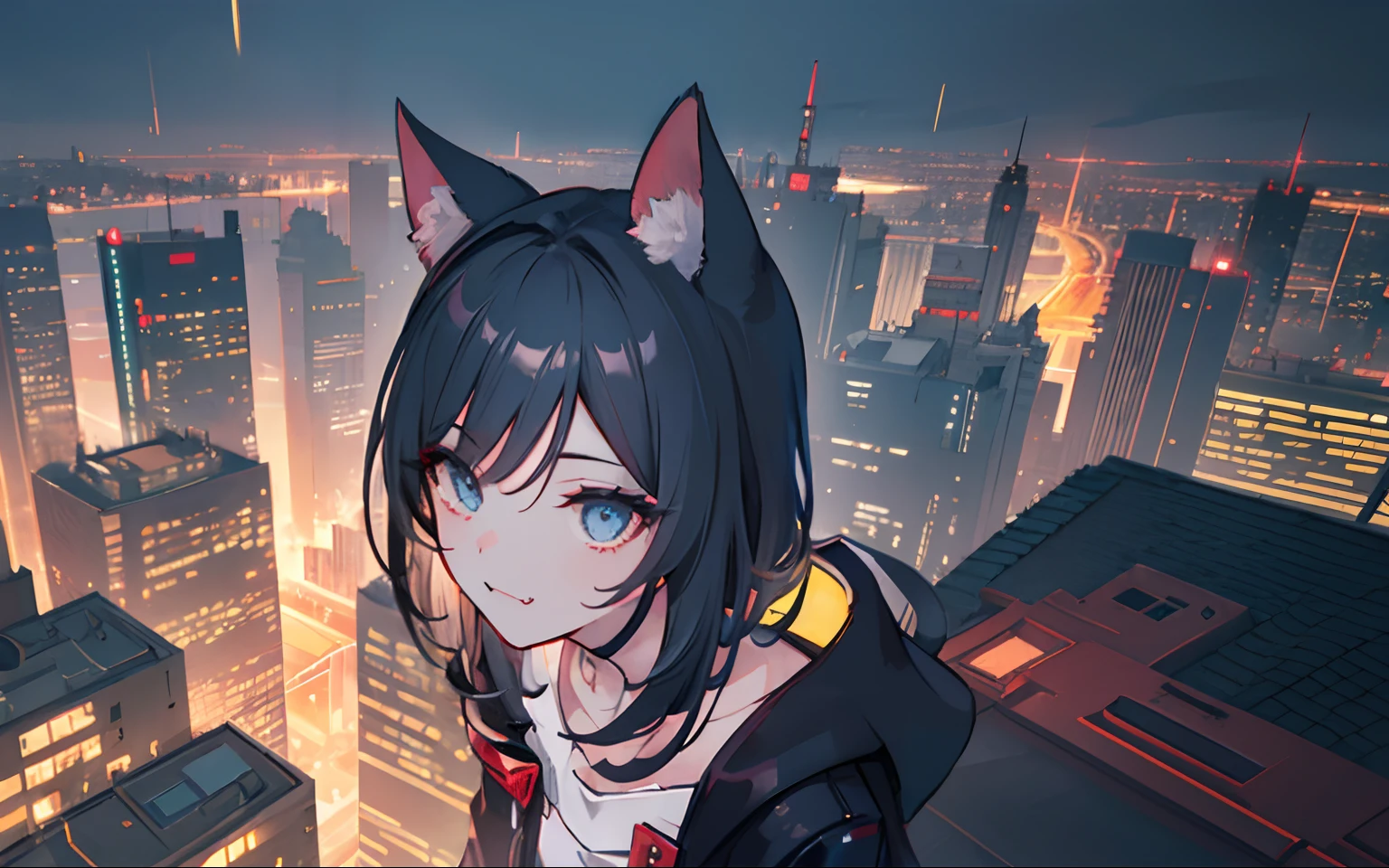 Midnight City (futuristic Tower)(HD, Realistic, 2K, HDR, High Quality, High detail) Cyberpunk, female trailblazer, (Cat ears), Black coat (with long strips), Raining, exterior, Best quality, cute face (with tiny fang) (beautiful View) View the City, (Full body), [Detailed eyes] focus, (Beautiful view background) (Detailed background) (Rooftop of Tower) (Cute tooth fang), ((Masterpiece)) ((Detail suroundding)), ((Detail face)) pose (looking at the view)