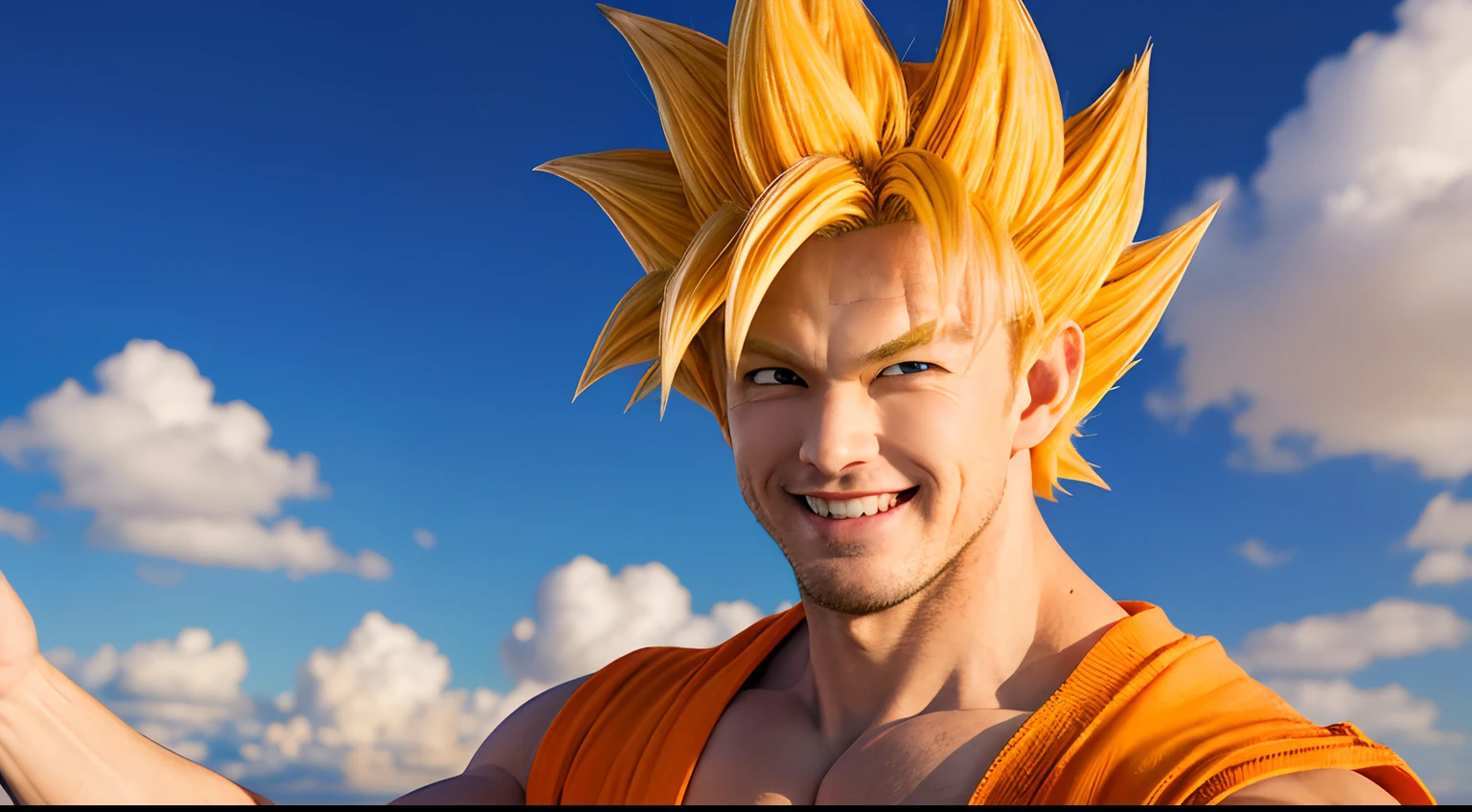 Son Goku, (masterpiece, best quality, solo, male focus, big, strong, 1boy, Goku, super saiyan, brave, sarcastic smile, looking at the viewer, closed fists,,sky in background, blonde hair, spiky hair, green eyes, orange dougi, sky & dessert in background
