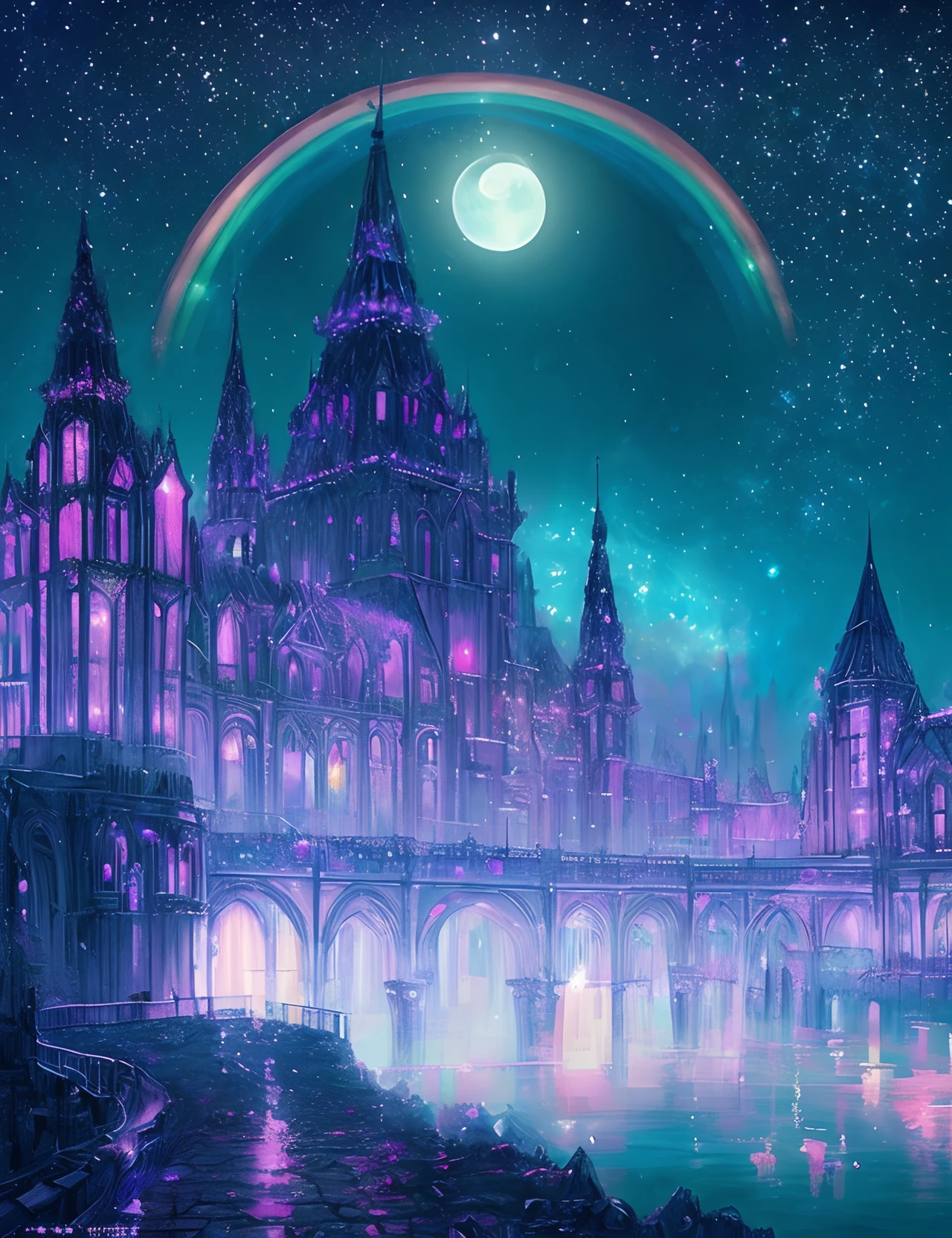 metropolitan、Colorful Metropolitan Museum of Art、River painting with stars and moon in rainbow sky、the met、Shining skyscrapers、Shine across the board、Skyscrapers、Concept art inspired by Mitsuoki Tosa、pixiv contest winners、top-quality、Fantasyart、beautiful anime scene、Bright moon、Moonlit star environment、Dream painting、Anime Background Art、Fantasy landscape art、fantasy knight、anime backgrounds、background artwork、Fantastic art、atmospheric anime、starrysky、Detail has been enhanced。