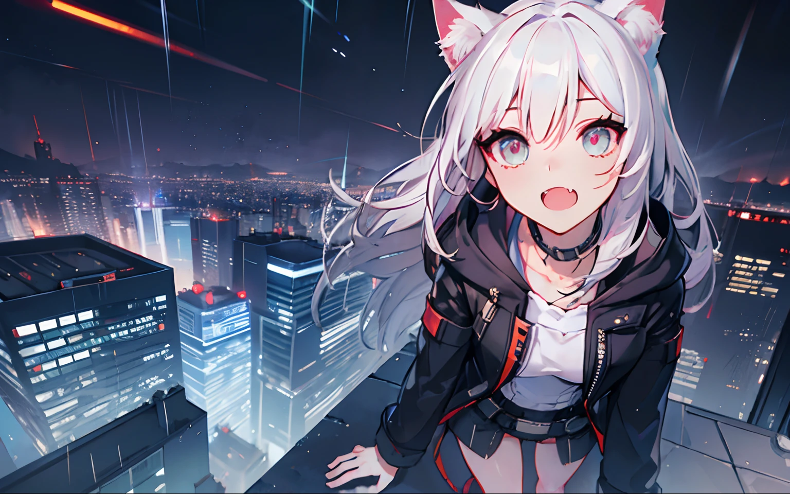 Midnight City (futuristic Tower)(HD, Realistic, 2K, HDR, High Quality, High detail) Cyberpunk, female trailblazer, (Cat ears), Black coat (with long strips), Raining, exterior, Best quality, cute face (with tiny fang) (beautiful View) View the City, (Full body), [Detailed eyes] focus, (Beautiful view background) (Detailed background) (Rooftop of Tower) (Cute tooth fang), ((Masterpiece)) ((Detail suroundding)), ((Detail face)) pose (looking at the view)