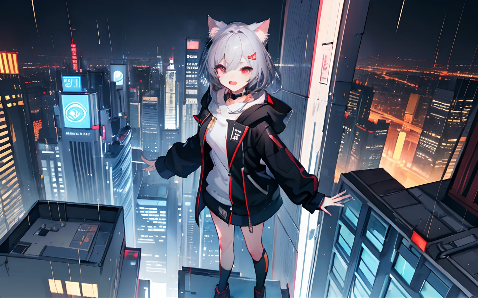 Midnight City (futuristic Tower)(HD, Realistic, 2K, HDR, High Quality, High detail) Cyberpunk, female trailblazer, (Cat ears), Black coat (with long strips), Raining, exterior, Best quality, cute face (with tiny fang) (beautiful View) View the City, (Full body), [Detailed eyes] focus, (Beautiful view background) (Detailed background) (Rooftop of Tower) (Cute tooth fang), ((Masterpiece)) ((Detail suroundding)), ((Detail face)) pose (looking at the view)