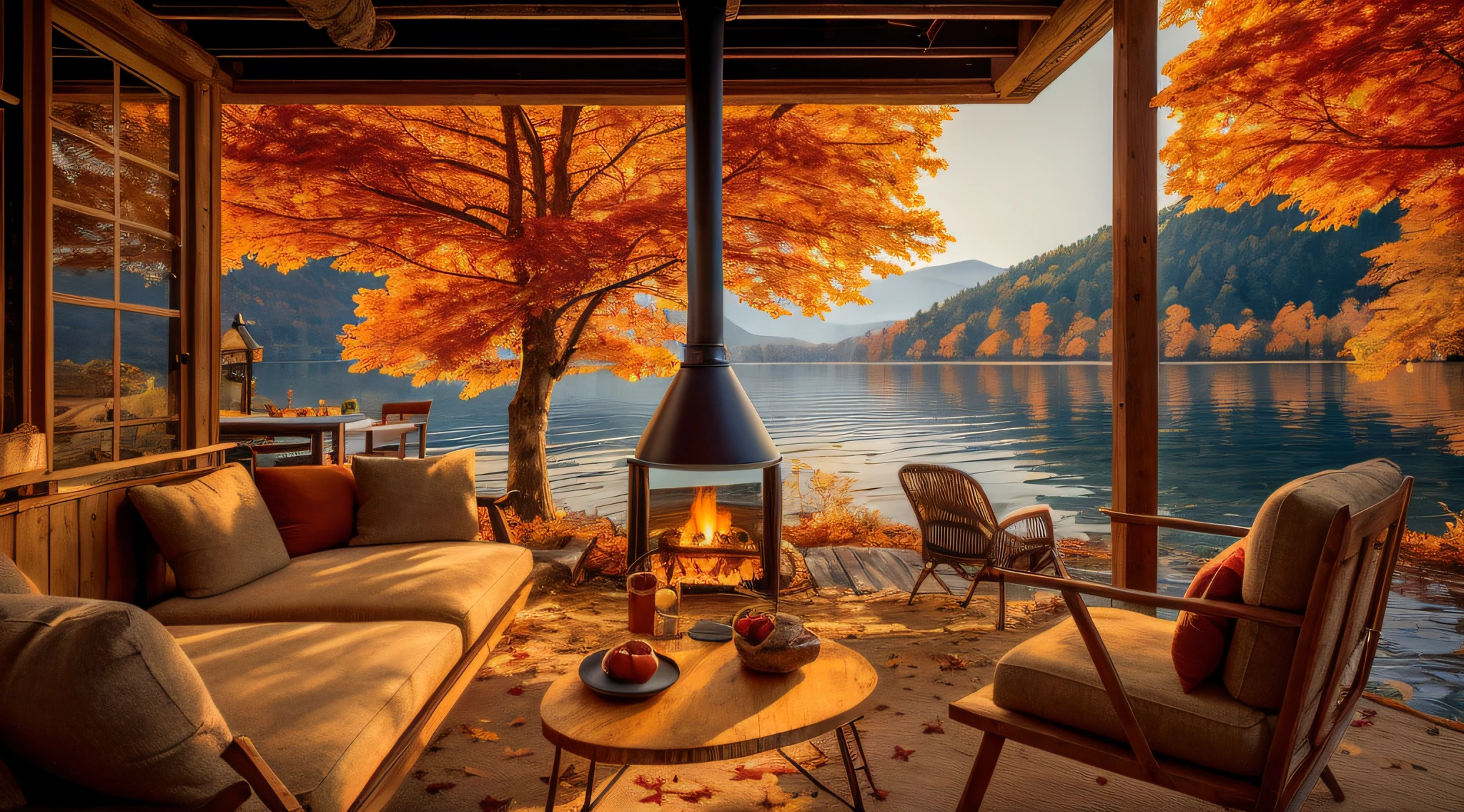 gira l'immagine,arafed view of a living room with a fireplace and a lake, warm beautiful scene, autumn tranquility, relaxing environment, cozy place, beautiful detailed scene, all in the amazing outdoors view, beautiful place, in the autumn, stunning nature in background, during autumn, lake house, warm cosy colors, in a scenic background, autumn season, peaceful environment, autumn! colors