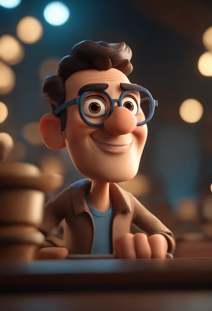 Cartoon character of a man with black glasses, cabelo cacheado marrom escuro e uma camisa azul, animation character, Caractere estilizado, animation style rendering, 3D estilizado, Arnold Maya render, 3 d render stylized, toon render keyshot, Personagem 3D, Personagem 3D, 3d rendering stylized, 3 d character render, personagem de desenho animado, Personagem de close up, Pose de personagem, (Estilo Pixar) (master part:1.2) (Bokeh) (best quality) (pele detalhada) (textura detalhada) (8k) (argila) (Cinematic lighting) (foco nítido
