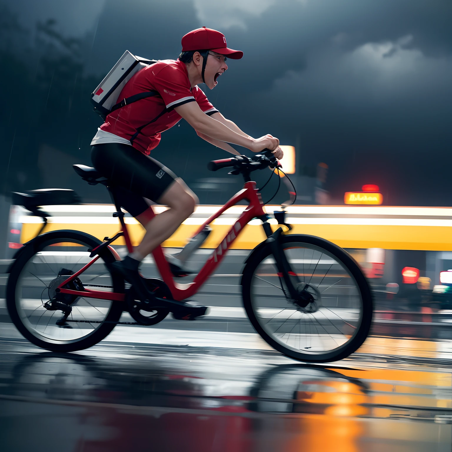focus on pizza deliver man, running by bike, screaming, heavy rain, stormy, typhoon, midnight, from front, motion blur, waterdrop on lens, water splash, top quality