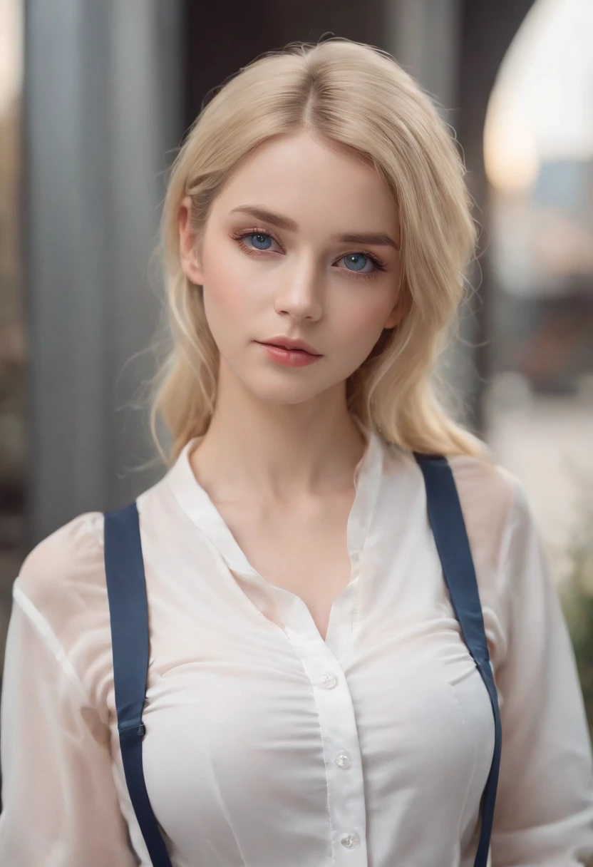 woman, Realistic character,coiffed blonde hair, White suspenders,Silk fabric belly pocket,Blue eyes, anime big breast, Alone, modern, Cyberpunk,Full body photo, TV reporter scene