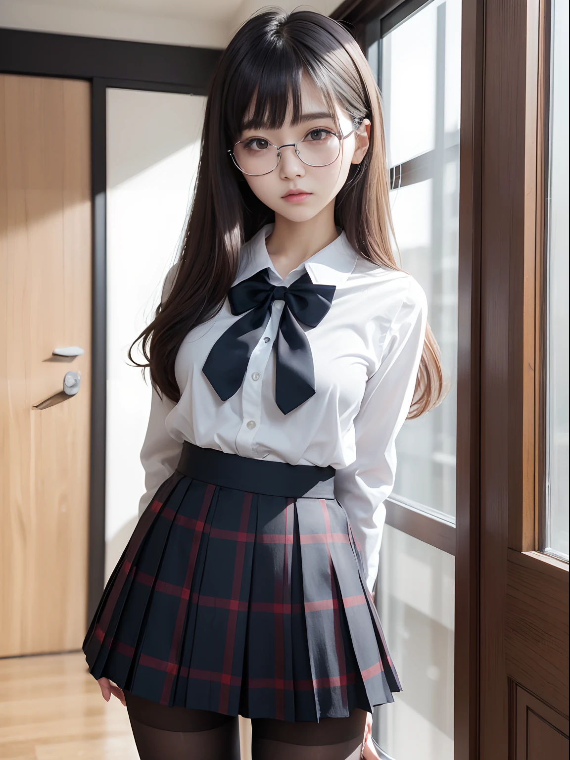 (8k、RAW photography、highest quality、masterpiece:1.2),Cheeky,School,looking at the viewer,Looking at the front,Muchimuchi,erotic,student,Light green Bra,Bra showing through shirt,white skin,knees,,(((black pantyhose)),((black pantyhose)))(((black pantyhose)),((black pantyhose))),absurd,small face,,flat chest,前hairを真ん中から分けます、I can see the forehead,(cold look,きついeye,glare,strong,skinny,skinny)、masterpiece,highest quality、超A high resolution,RAW photo,Len,beautiful feces,one person, solo,glasses,,dark look,small breasts,whole body,丸glasses、cute,JK uniform,high school girl,japanese woman,standing,(Photoreal:1.37)、photon mapping,realistic、beautiful woman,cutesmall face,茶色のeye、black socks、(red bow tie)、radio city、物理ベースのLenダリング、Depth of the bounds written、blurred background、picture,body,teenage girl,beautiful feet, long legs, thin legs,(前hairが見える), hair, lips, green_eye, nose soft,(light blue shirt), (Navy, blue and white plaid pleated skirt), kneesが見える,thin clothing,, thigh, black cotton socks,Nogizaka Idol, actress, Japanese ID information