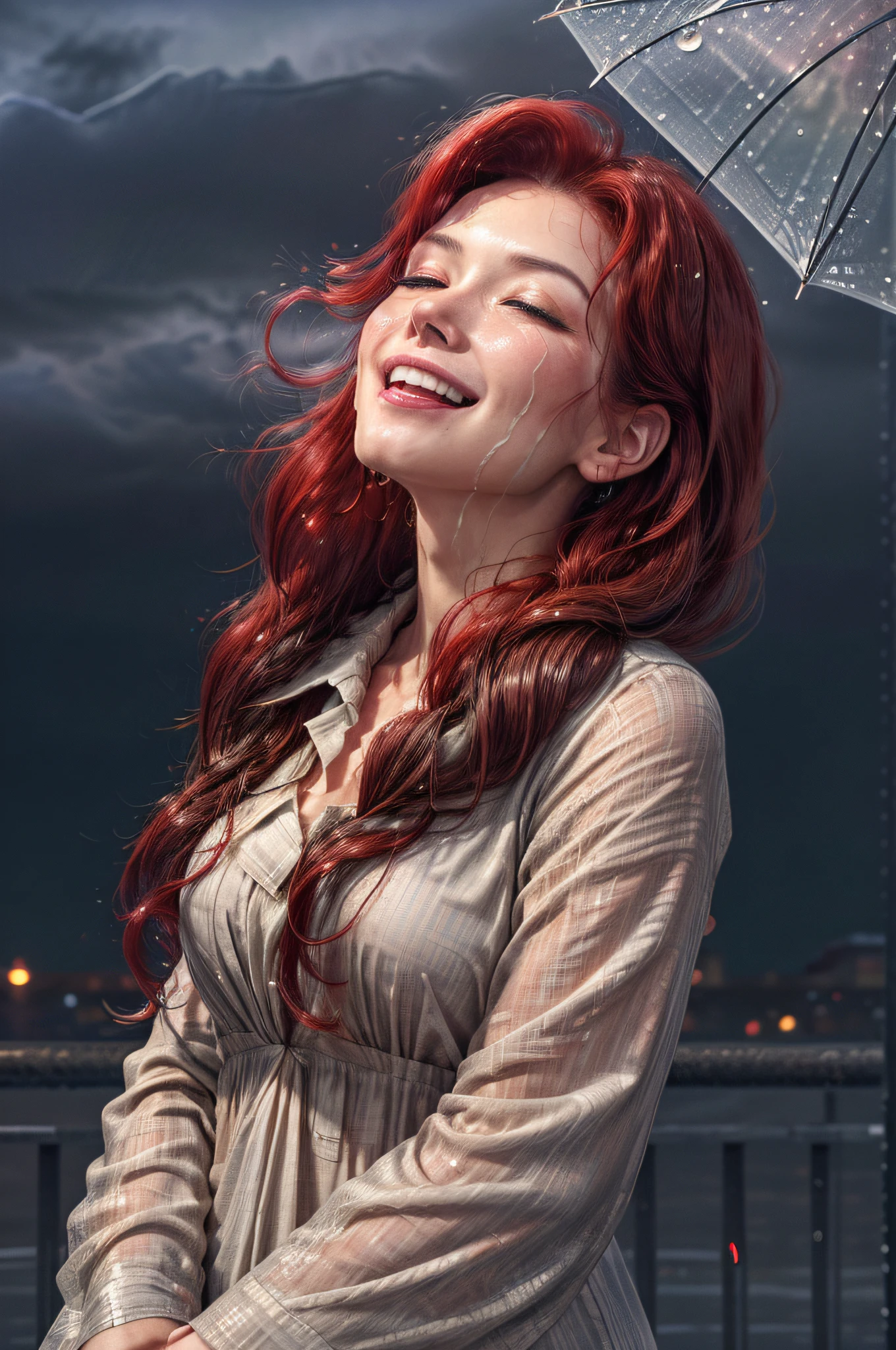 a close up picture of a woman's face looking towards the sky, as she looks up the rain drops fall on her face, a very beautiful woman, long hair, red hair, wavy hair, wet hair, closed eyes, dynamic elegant clothing, there is a sense of joy on her face, an urban street at night. cloudy night,