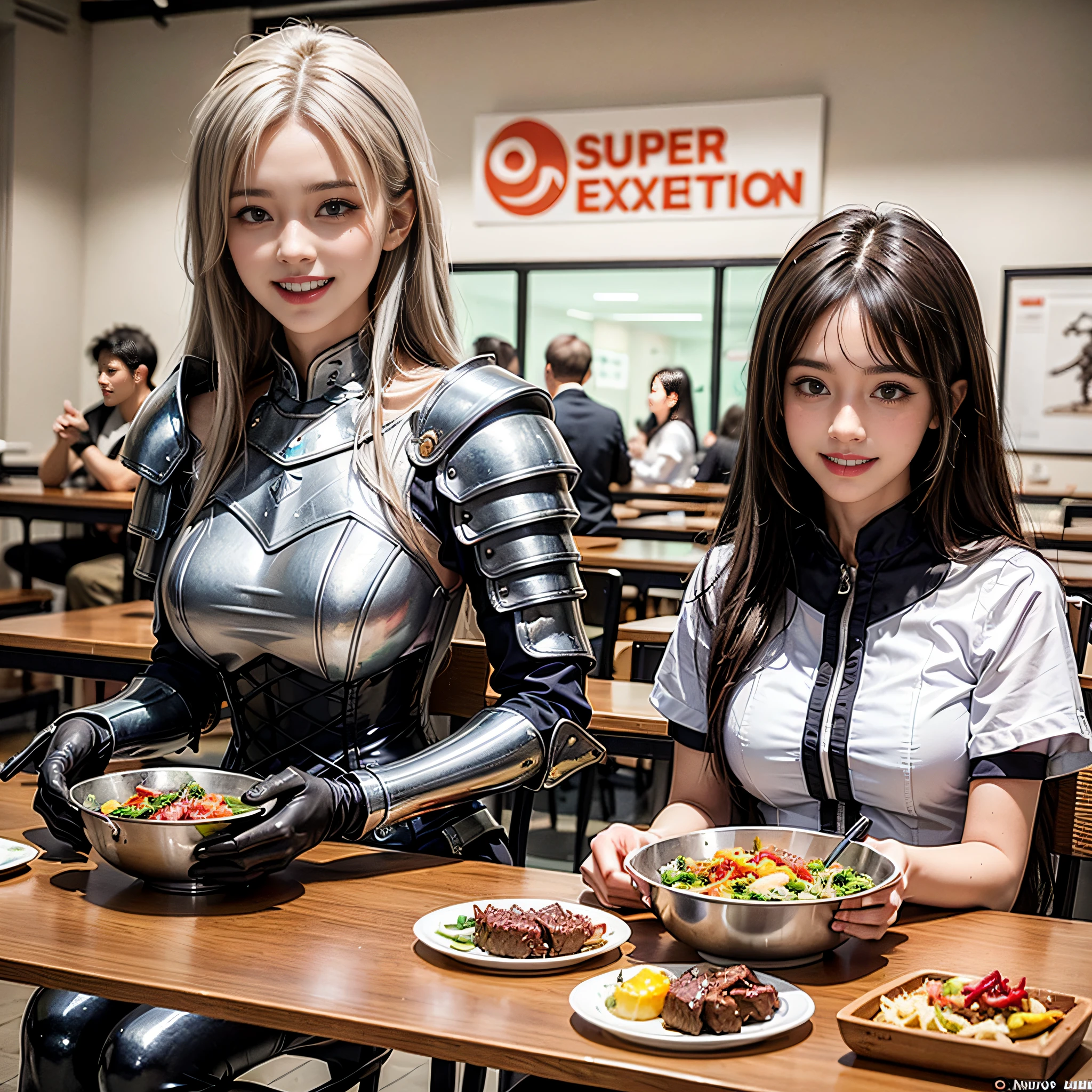 These are two women in a restaurant dressed in robot costumes, nixeu and sakimichan, full-cosplay, masayoshi suto and artgerm, hot topic anime convention, superrealism, professional cosplay, trending at cgstation, shot with Nikon Z9, beautiful sci - fi twins, realistic cosplay, Anime Cosplay, battle angel alita, perfect android girl,a smile