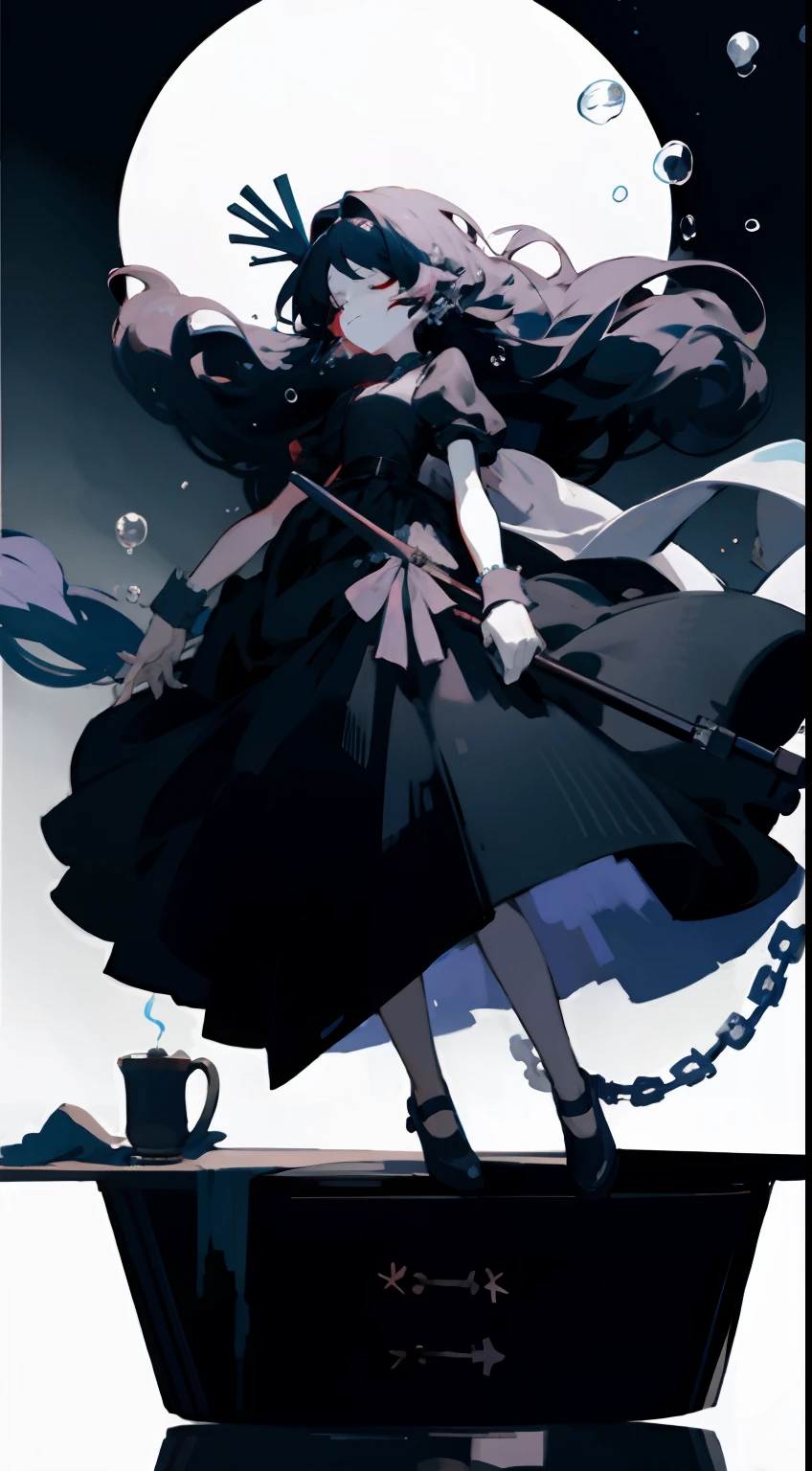 1girl,air_bubble,ball_and_chain_restraint,black_dress,black_hair,black_nails,blindfold,broken,broken_chain,bubble,candle,chain,closed_eyes,cuffs,curly_hair,dress,handcuffs,instrument,long_hair,microphone_stand,mirror,nail_polish,purple_hair,shackles,shoes,solo,spikes,submerged,table,very_long_hair