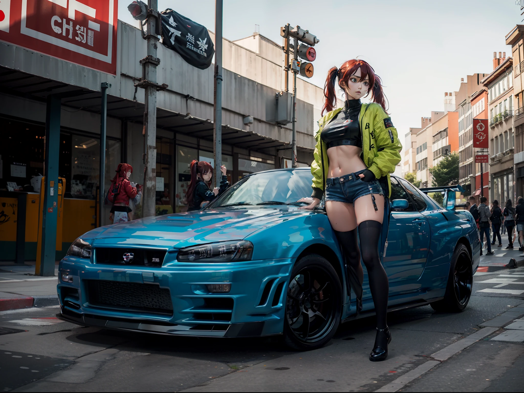 Full body shot, female asian Irina Shidou red hair twintails green eyes, in a cyberpunk city, wearing a bomber jacket and crop top and denim shorts, standing next to a Nissan GT-R, frontal shot, masterpiece, highly detailed