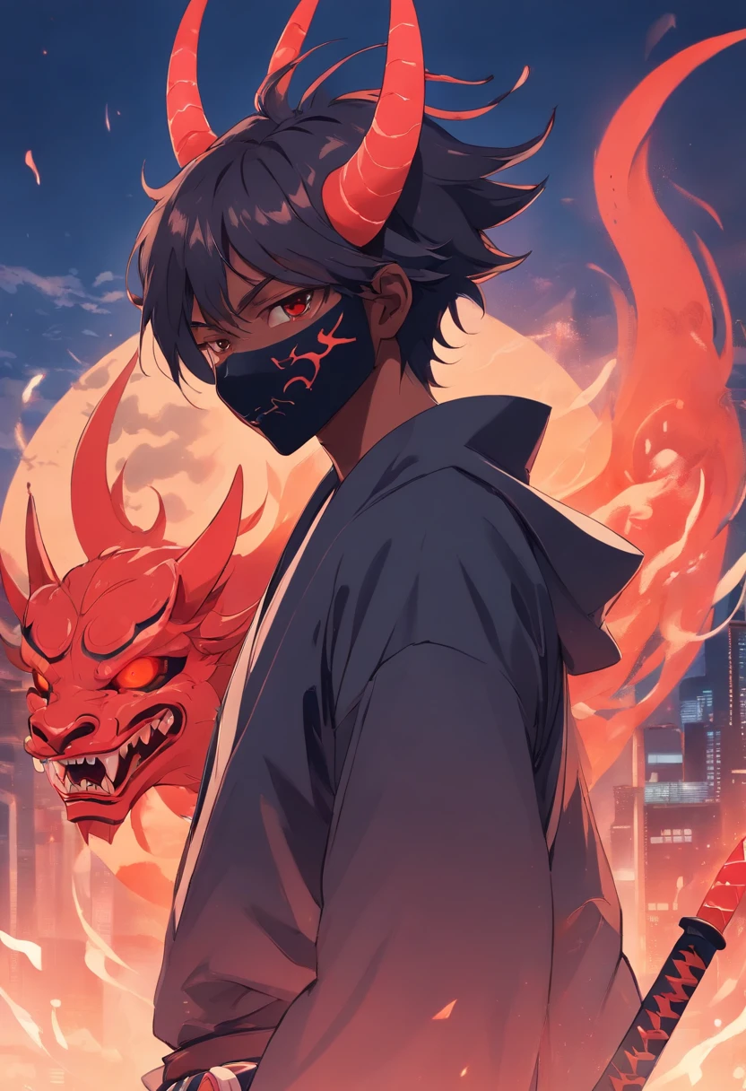 a close up of a demon with horns and a black face, onmyoji portrait, villain wearing a red oni mask, onmyoji detailed art, onmyoji, oni mask, demon samurai mask, demon samurai, inspired by Tōshūsai Sharaku, samurai with demon mask, demon samurai warrior, oni horns, handsome japanese demon boy