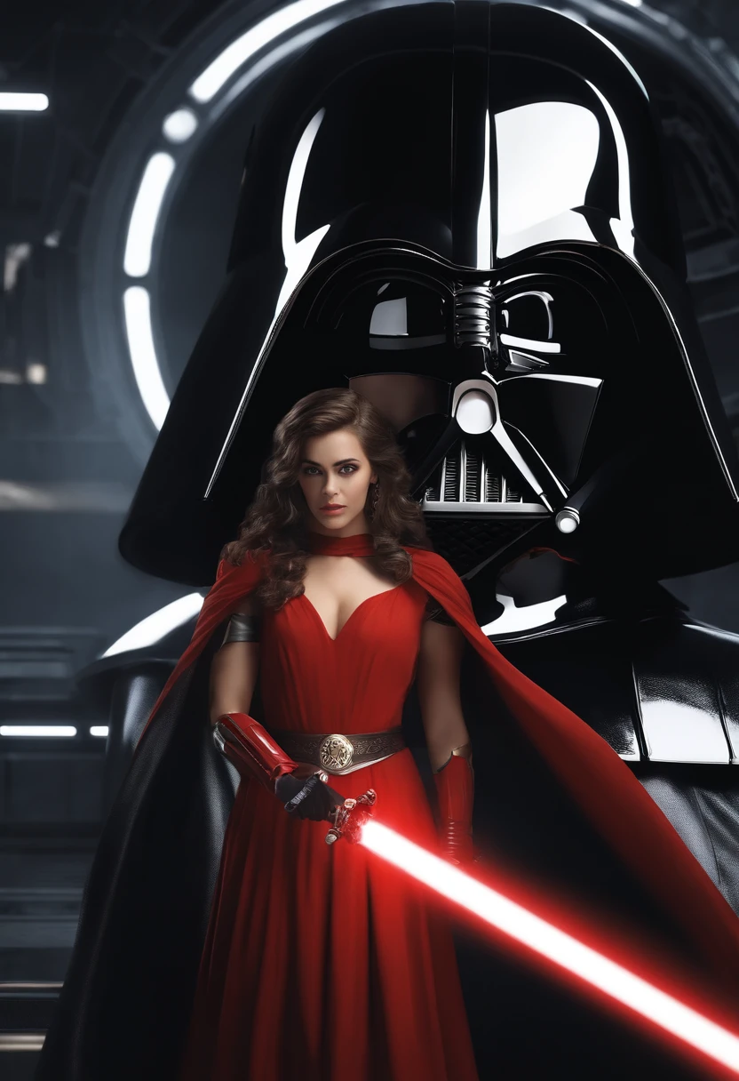 Jedi Rey Skywalker, sitting in a throne, holding a red blade lightsaber, wide open eyes, wears a mini red dress with a deep cleavage, frigtened, in a futuristic room, misterious, masterpiece, 8k