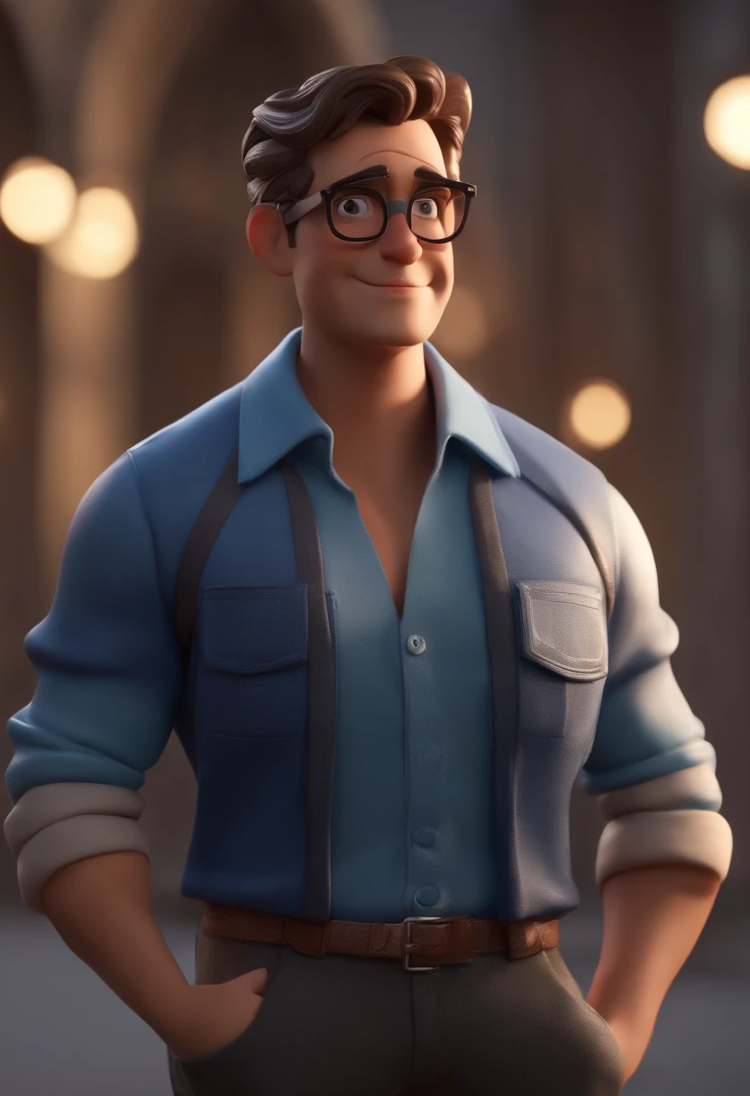 Personaje de dibujos animados de un hombre con gafas negras y una camisa azul, animation character, stylized character, Rendering animation styles, 3D estilizado, Arnold Maya render, 3D render estilizado, Toon renderizar keyshot, Personaje 3D, Personaje 3D, Renderizado 3D estilizado, Renderizado de 3 caracteres D, Personaje de dibujos animados, Personaje de primer plano, Pose del personaje, (estilo pixar) (Pieza maestra:1.2) (Bokeh) (La mejor calidad) (Piel detallada) (Textura detallada) (8k) (arcilla) (cinematic lighting) (foco nítido