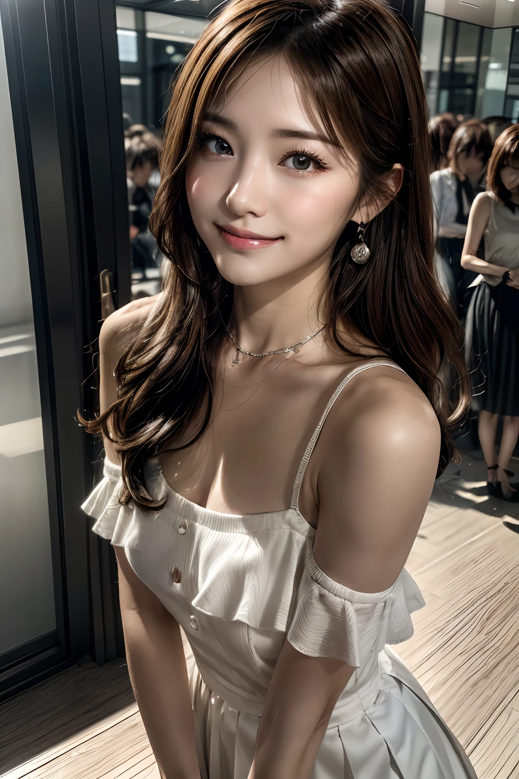 (masutepiece:1.3), High resolution, ultra-detailliert, the Extremely Detailed CG Unity 8K Wallpapers, Realistic, Photorealsitic, Raw photo, beautifull detailed face, pale skin, realistic glistening skin, Detailed Cloth Texture, detailed hair texture, Perfect body, Beautiful face, acurate, Anatomically correct, Highly detailed face and skin texture, Natural neck length, (Beautiful hands), (Fair skin:1.2), thin legs, Thin feet, 
BREAK, 
Detailed eyes, symmetrical eye, Light brown eyes, Double eyelids, Thin eyebrows, (Glossy lips:1.4), ((gently smiling:1.2)), (blush:1.1),
BREAK, 
(Classy and cute girl:1.3), (Wear elegant clothes (Red) Shoulder Cutout Tops:1.2), (classy (white) (long frilled skirt):1.2), 
medium large breasts, (Slender figure:1.1), Firm abs, Beautiful collarbone, 
(Dark blonde hair, Wavy Hair, Long hair:1.2), ((asymmetrical bangs:1.2)), 
BREAK, 
Standing, ((Pose to be silent:1.3)), 
((before the "Silver bell" Tokyo Station)), (Cowboy Shot:1.2), looking side at viewer, from the front side:0.65,
